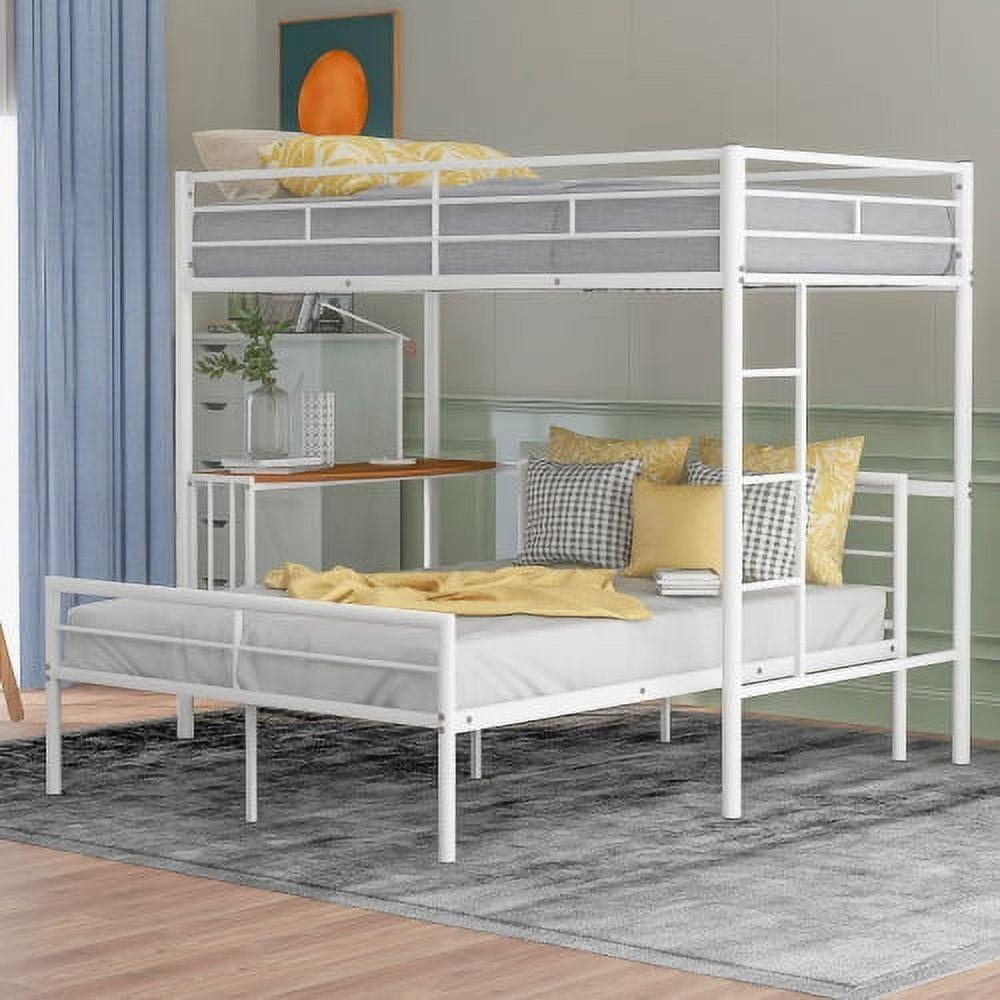 White Metal Twin Over Full Bunk Bed with Desk and Storage