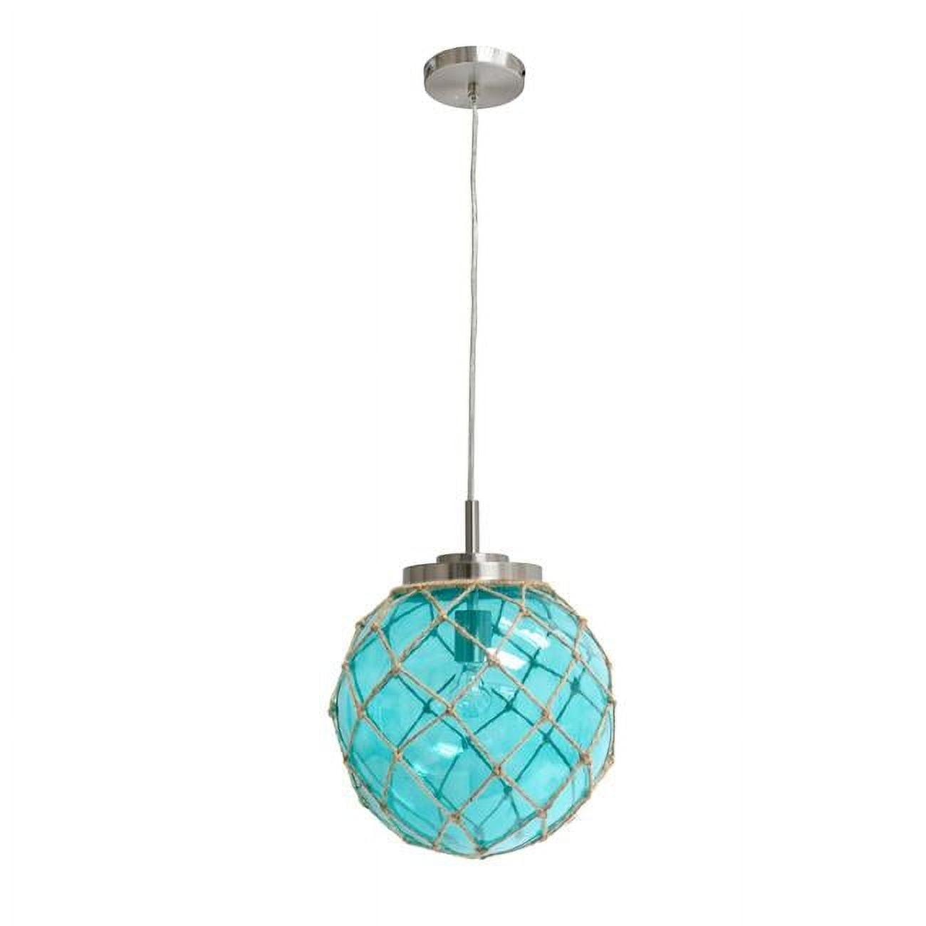 Aqua Sea Glass Globe Pendant with Brushed Nickel & Natural Rope Accent