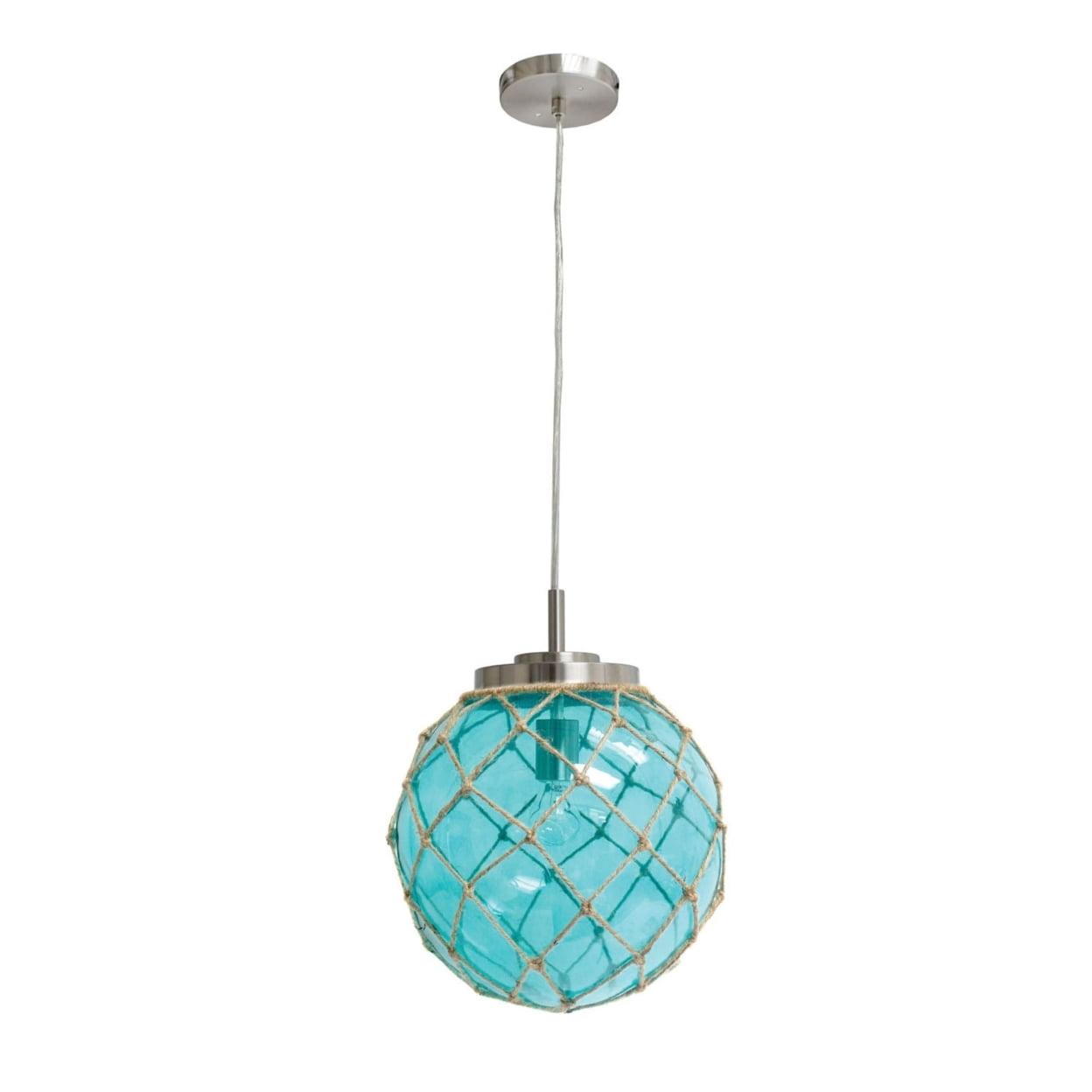 Aqua Sea Glass Globe Pendant with Brushed Nickel & Natural Rope Accent