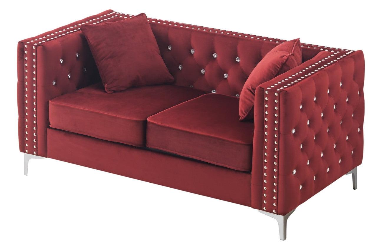 Burgundy Velvet Tufted Track Arm Loveseat with Nailhead Trim