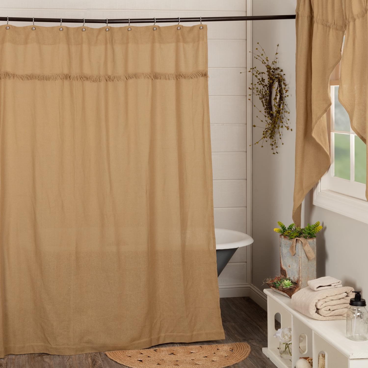 Natural Burlap Cotton Shower Curtain with Fringe Accent