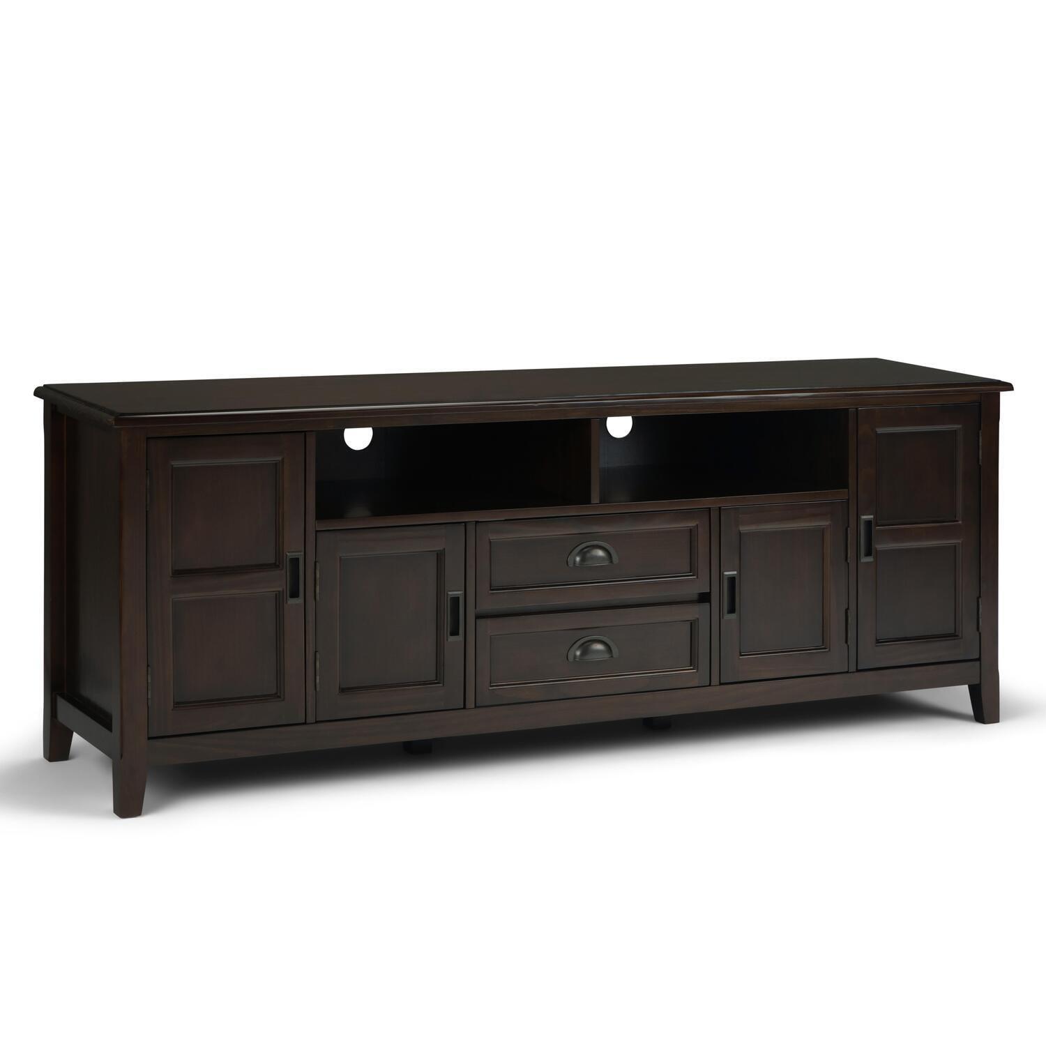 Simpli Home Burlington Wood 72" Transitional TV Media Stand in Mahogany Brown For TVs up to 80"