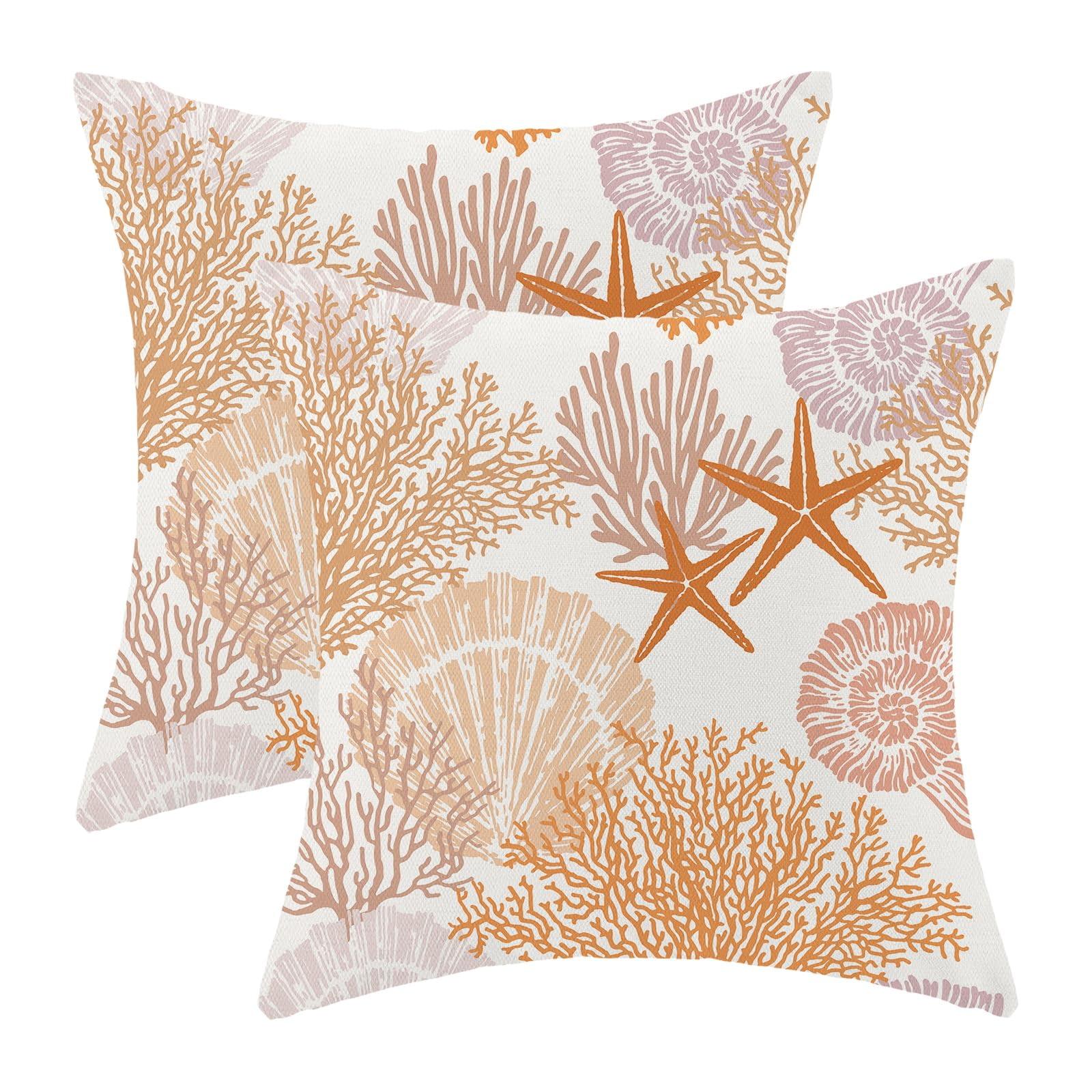 Burnt Orange Summer Outdoor Coastal Pillow Covers 18x18 Inch Set of 2 Fall Coral Seashell Starfish Throw Pillows Ocean Themed Beach Nautical Decorative Cushion Cases for Couch Decorations