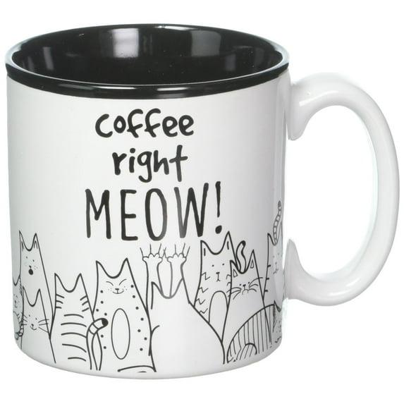 BnB Cat Lovers Mug Coffee Right Meow Funny Message Novelty Ceramic Cup for Java, Hot Tea or Hot Chocolate 13 oz 3.75 in H x 5 in W x 3.5 in D, Black and White with Feline Animated drawings, One in box