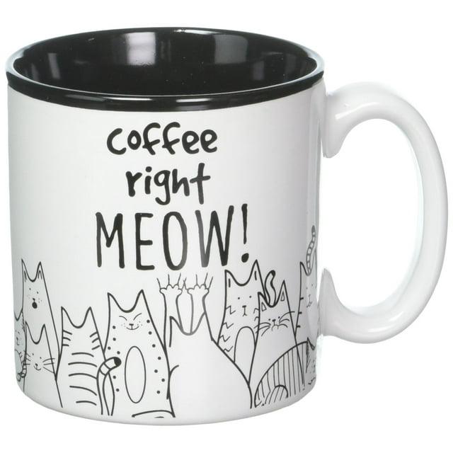 BnB Cat Lovers Mug Coffee Right Meow Funny Message Novelty Ceramic Cup for Java, Hot Tea or Hot Chocolate 13 oz 3.75 in H x 5 in W x 3.5 in D, Black and White with Feline Animated drawings, One in box