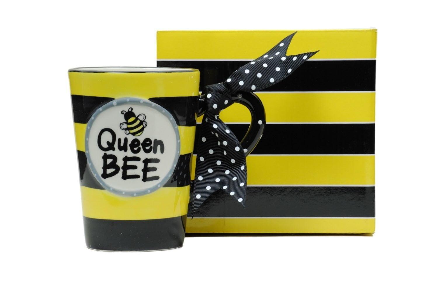 Queen Bee Black and Yellow Ceramic Mug with Polka Dot Bow