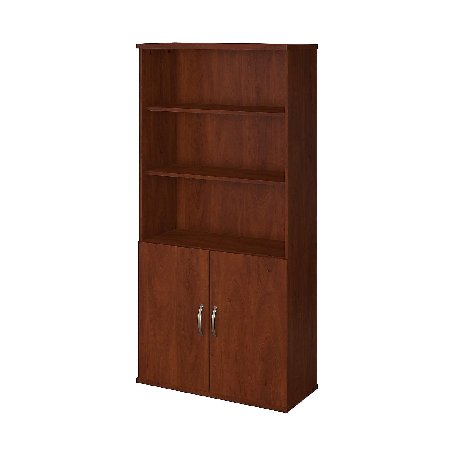 Hansen Cherry Wood 5-Shelf Bookcase with Adjustable Shelves and Doors