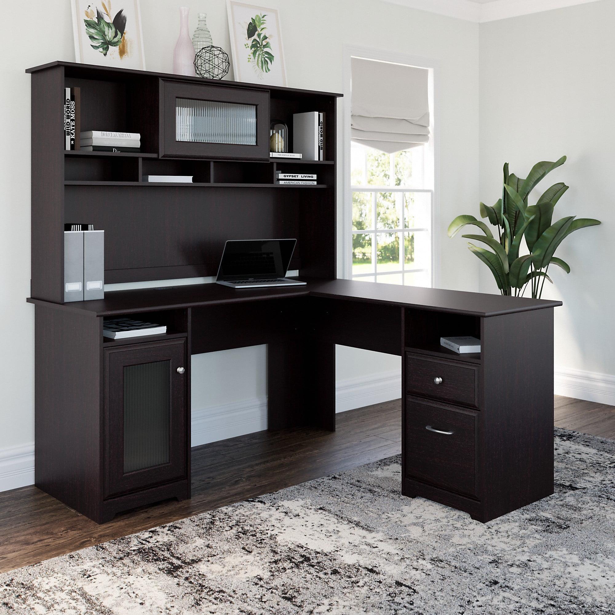 Cabot 60W L Shaped Computer Desk with Hutch Espresso Oak - Bush Furniture: Executive Workstation, Storage Hutch, File Drawer