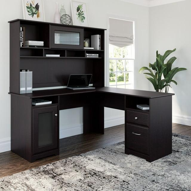 Cabot 60W L Shaped Computer Desk with Hutch Espresso Oak - Bush Furniture: Executive Workstation, Storage Hutch, File Drawer