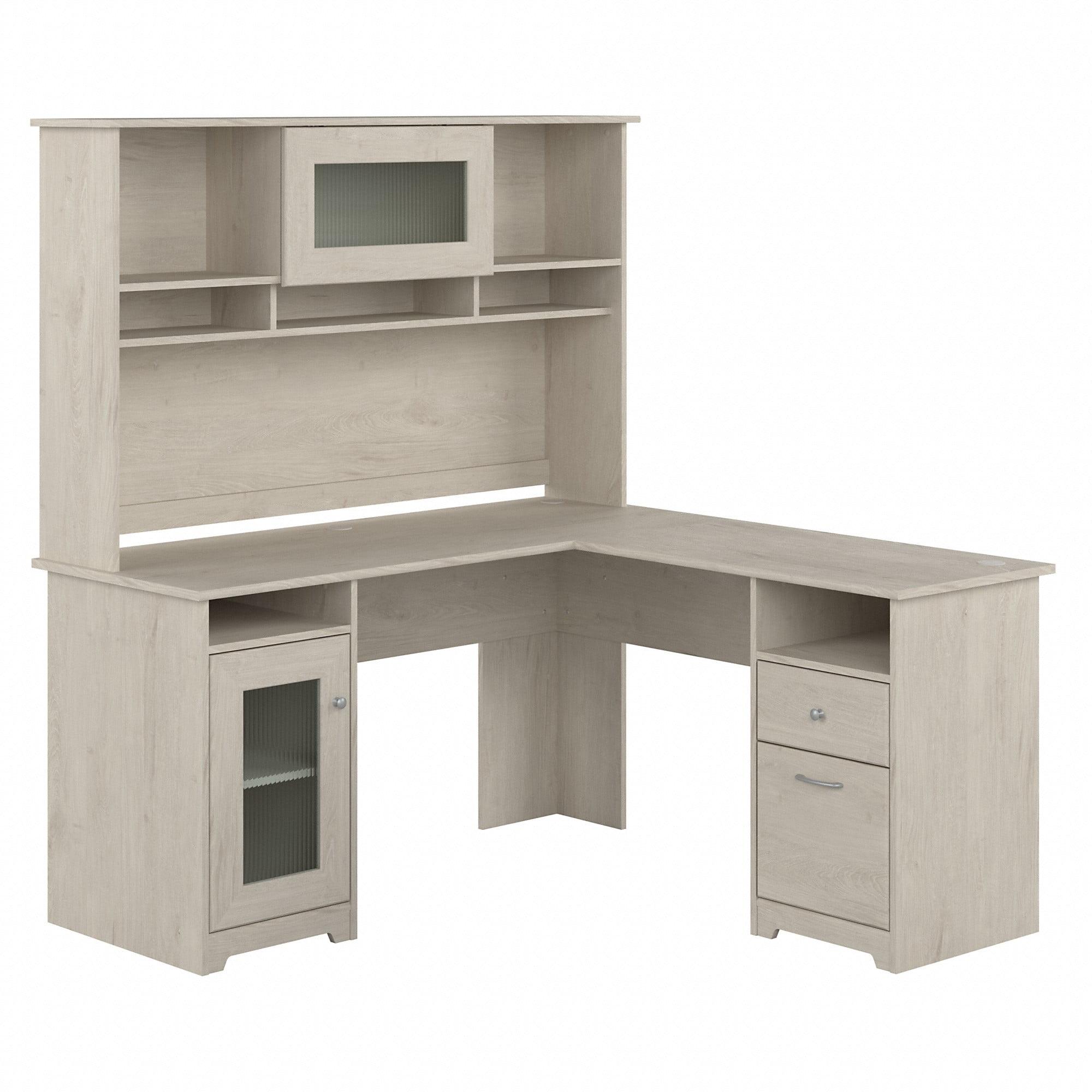 Linen White Oak L-Shaped Desk with Hutch and USB Hub