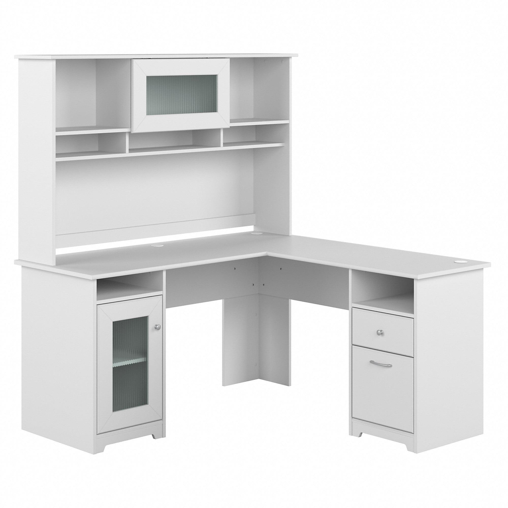 White L-Shaped Wood Composite Desk with Hutch and Filing Cabinet