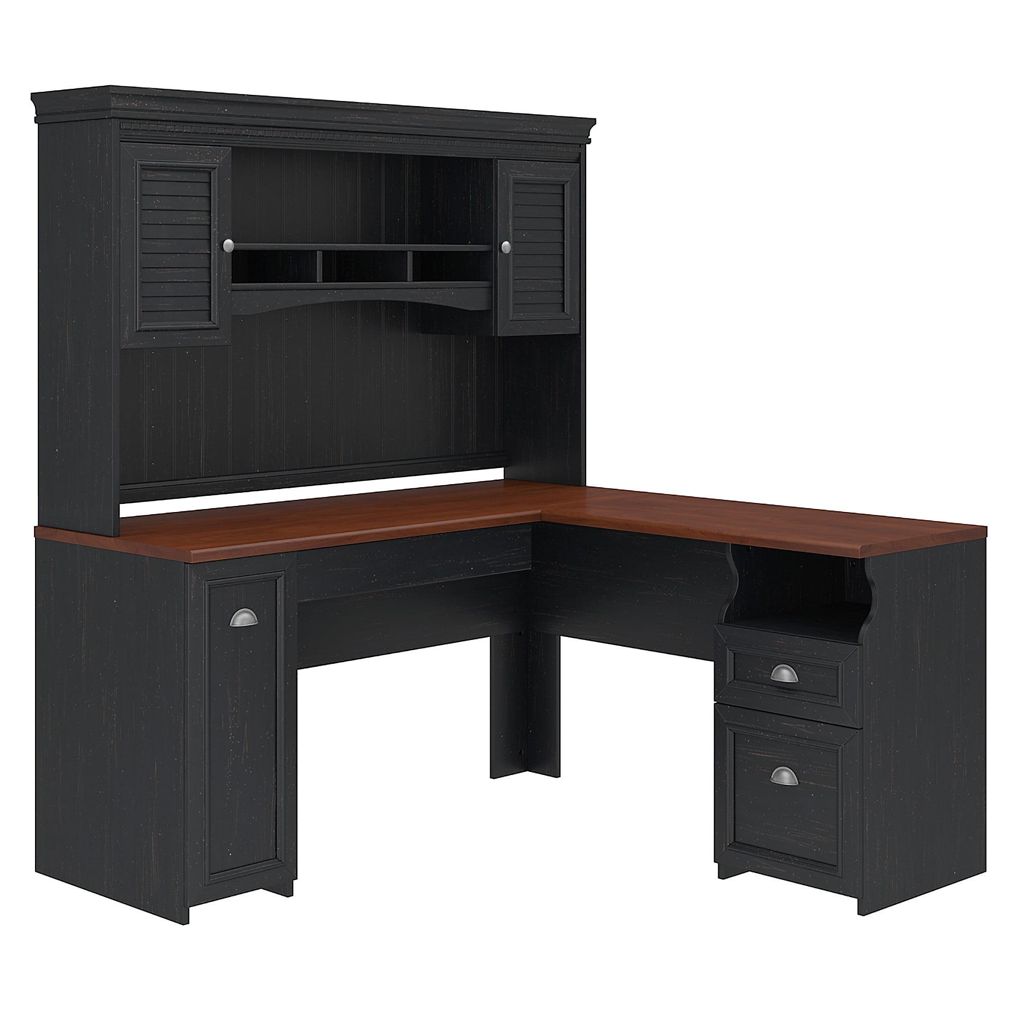 Antique Black L-Shaped Desk with Hutch and Hansen Cherry Top