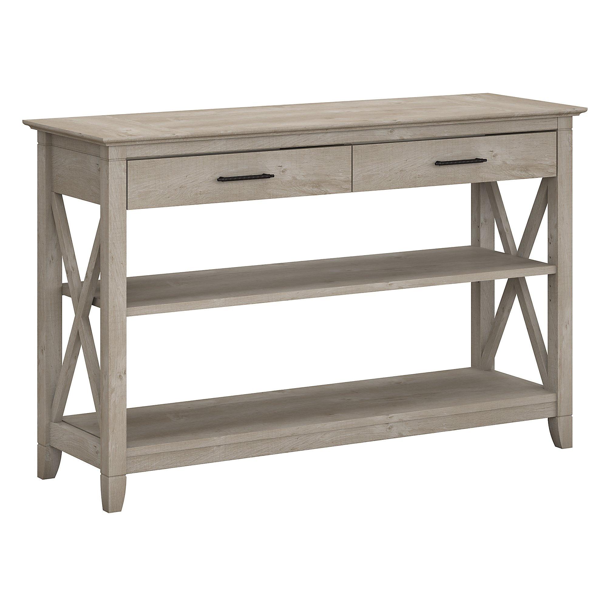 Washed Gray Farmhouse Console Table with Storage and X Pattern Accents