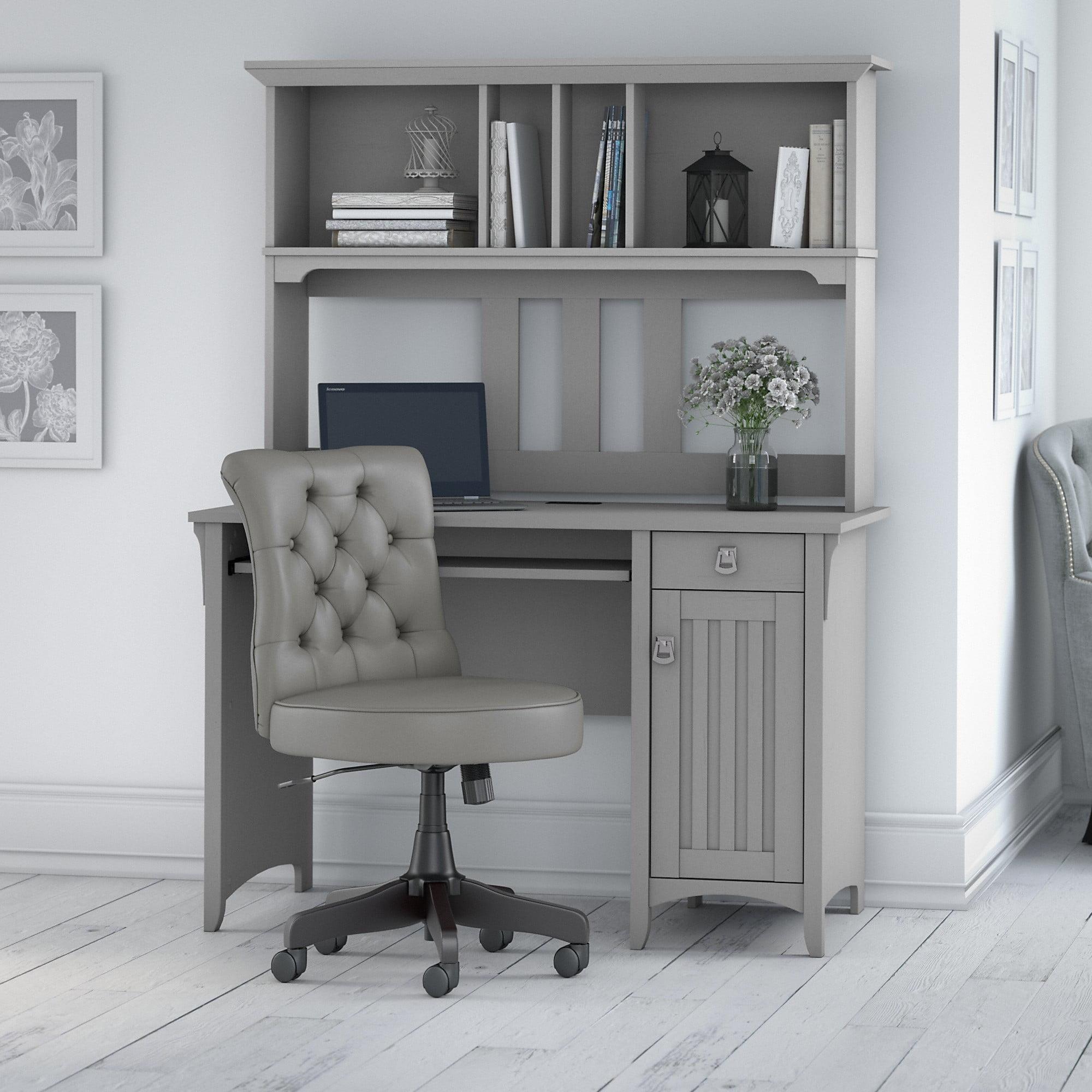 Cape Cod Gray Wood Computer Desk with Hutch and Tufted Chair