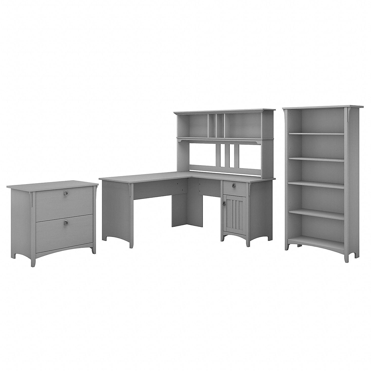 Cape Cod Gray L-Shaped Desk with Hutch, File Cabinet, and Bookcase