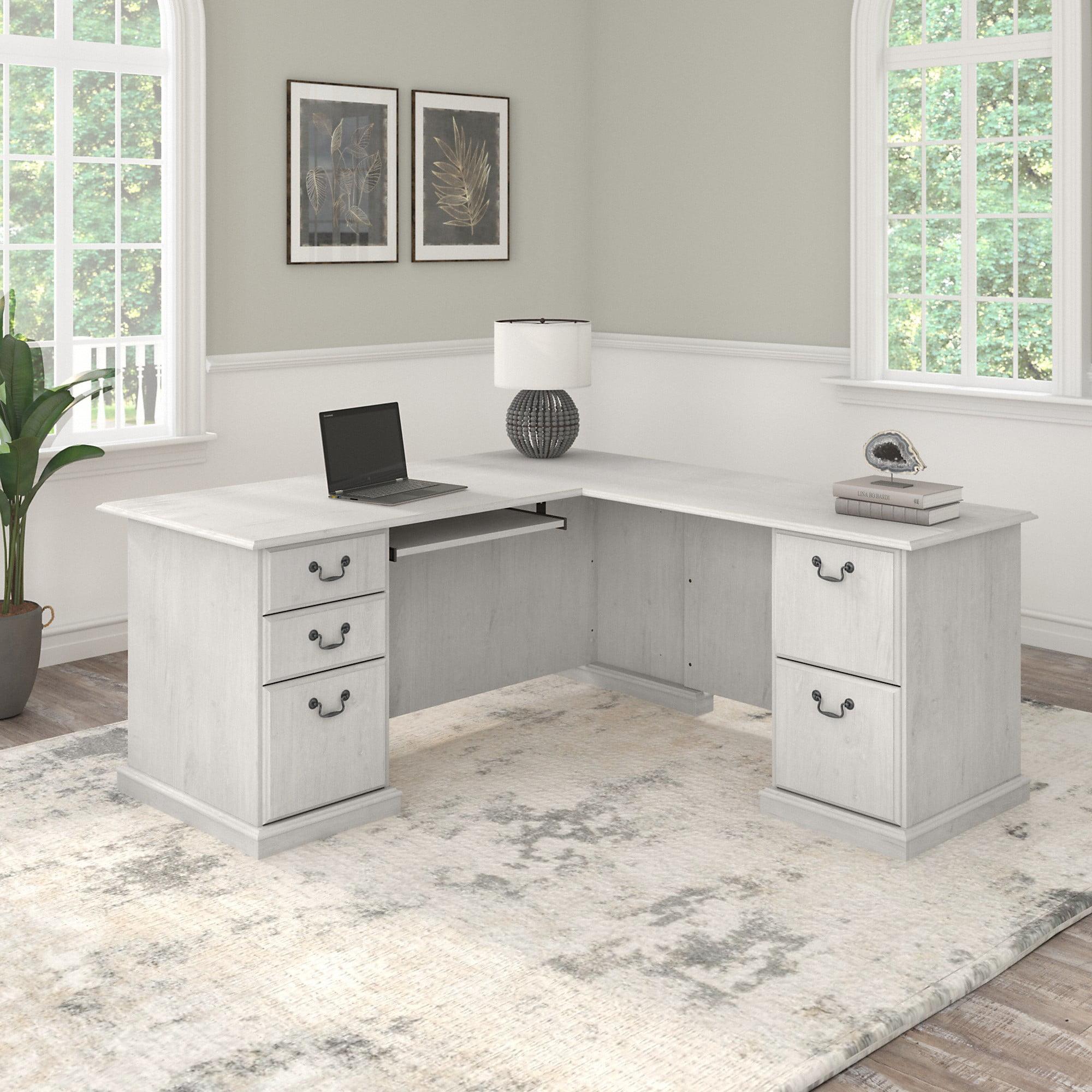 Bush Furniture Saratoga L Shaped Computer Desk with Drawers in Linen White