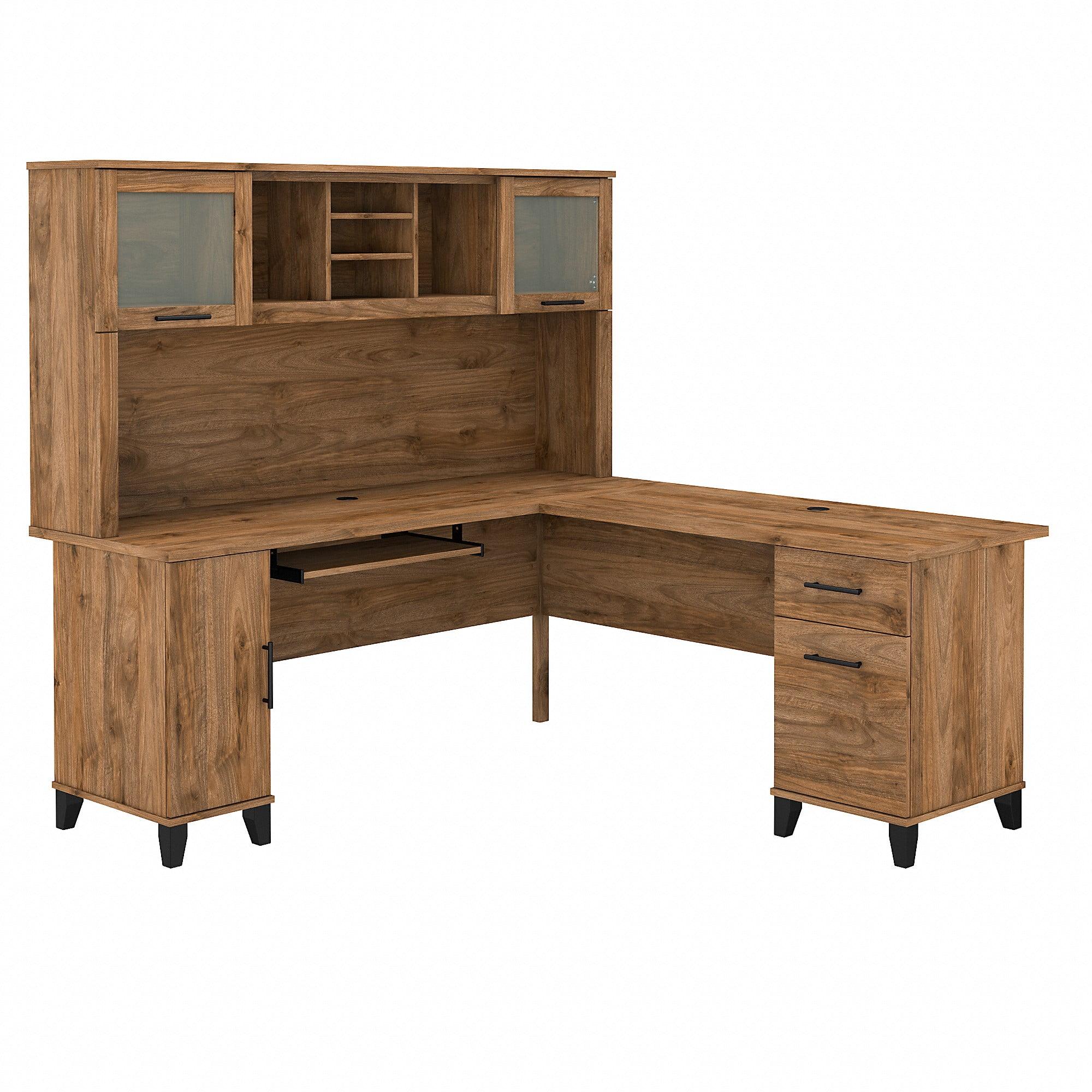 Traditional Fresh Walnut L-Shaped Desk with Hutch and Storage