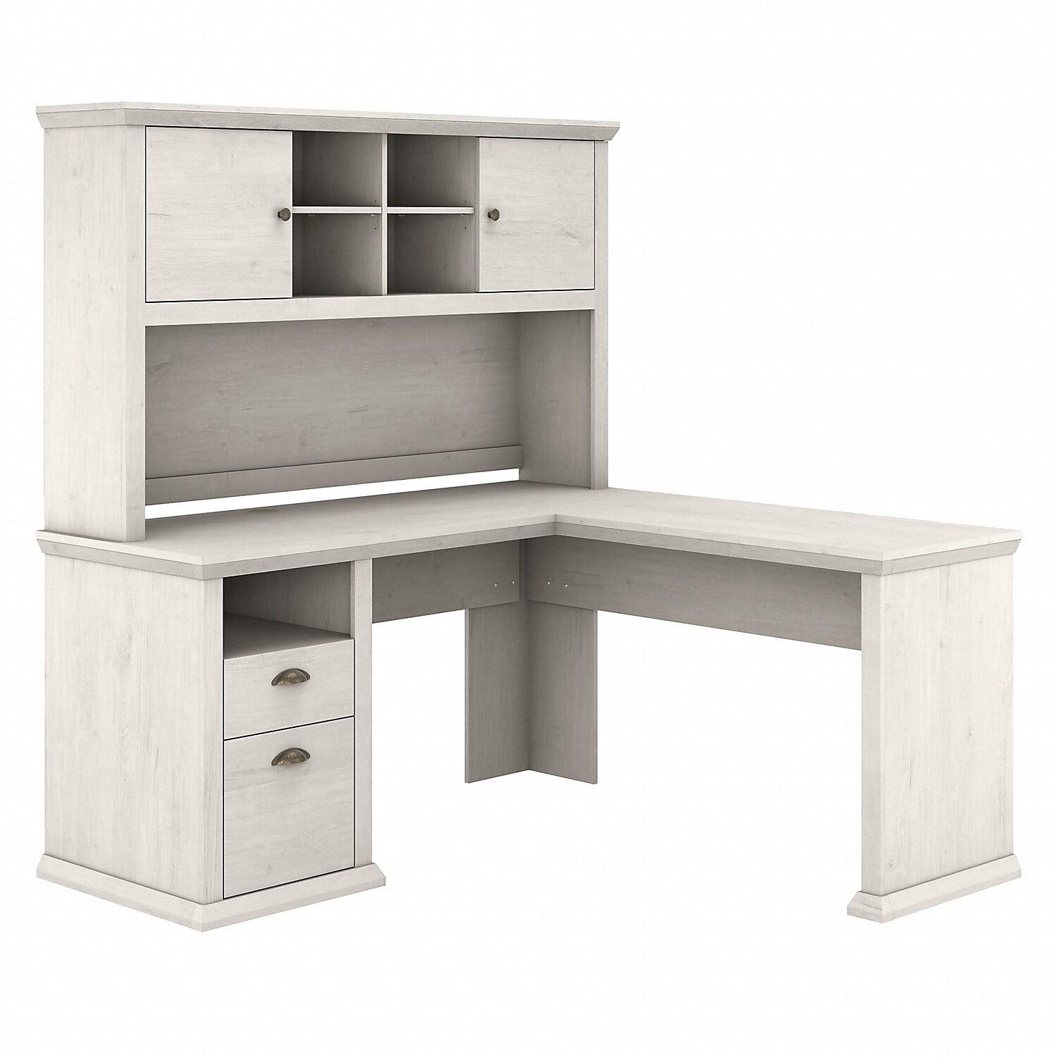 Linen White Oak L-Shaped Desk with Hutch and Drawers