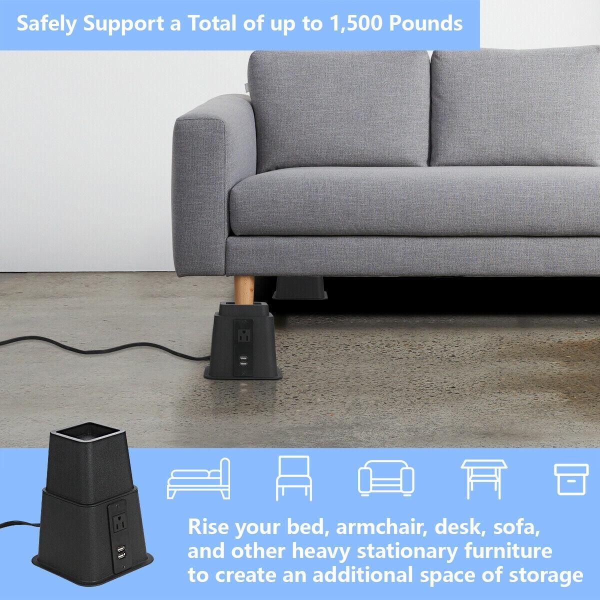 Butizone Bed Riser with Power Outlet and USB Ports, Adjustable Heavy Duty Furniture Riser Bed Lifts for Bed, Sofa and Table Set of 4, Black