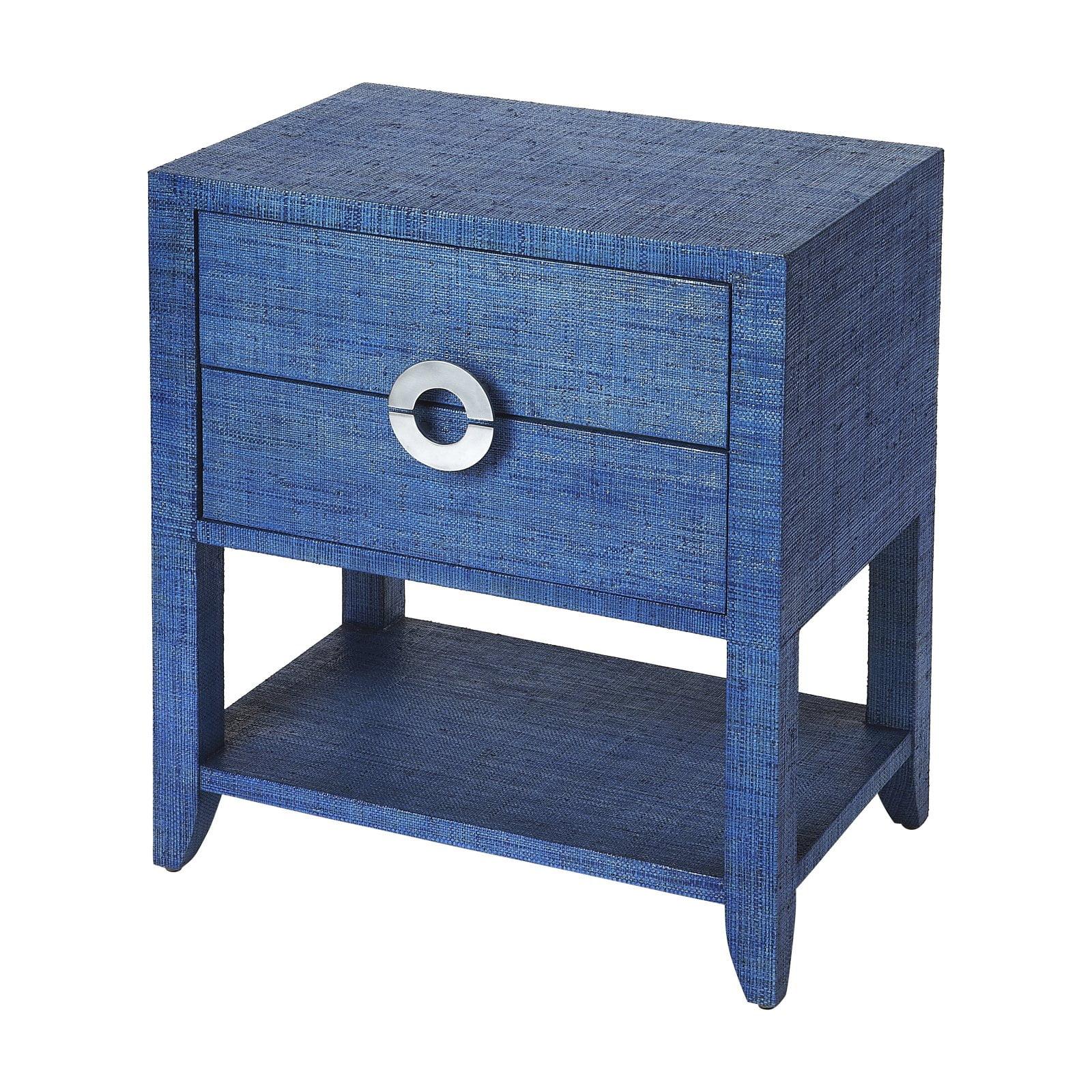 Amelle Blue Raffia 2-Drawer Nightstand with Silver Pulls