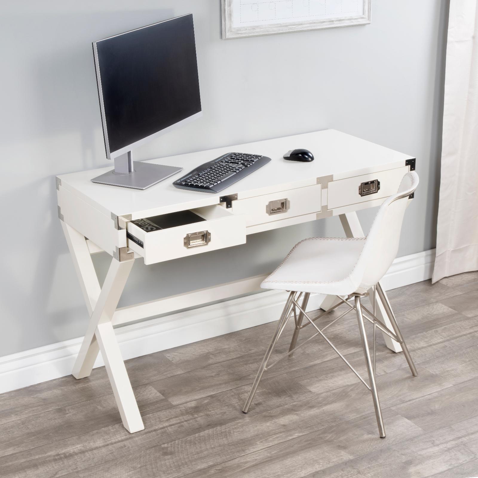 Modern White Campaign-Style Writing Desk with Drawers