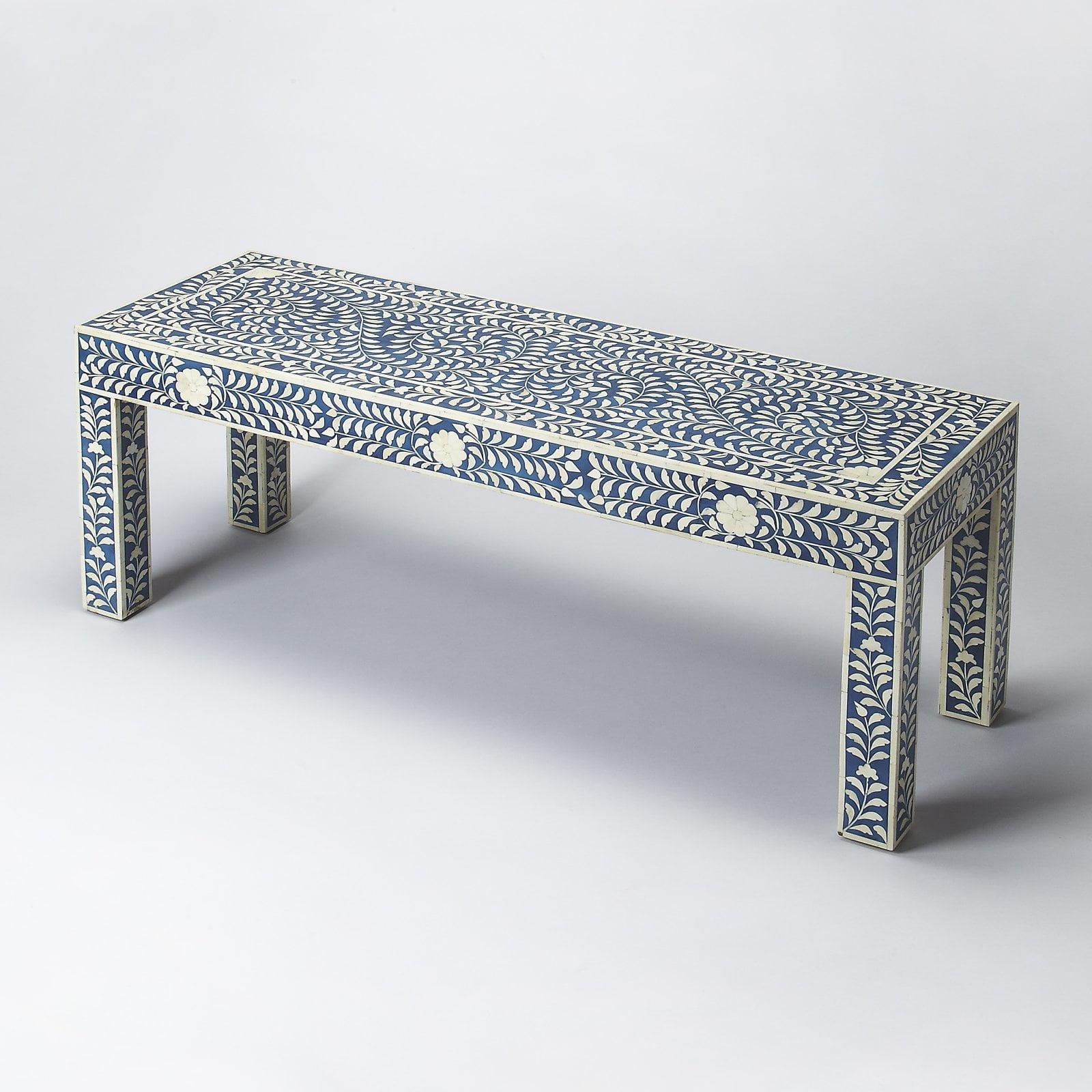 Vivienne Botanic Motif Blue Bone Inlay Bedroom Bench