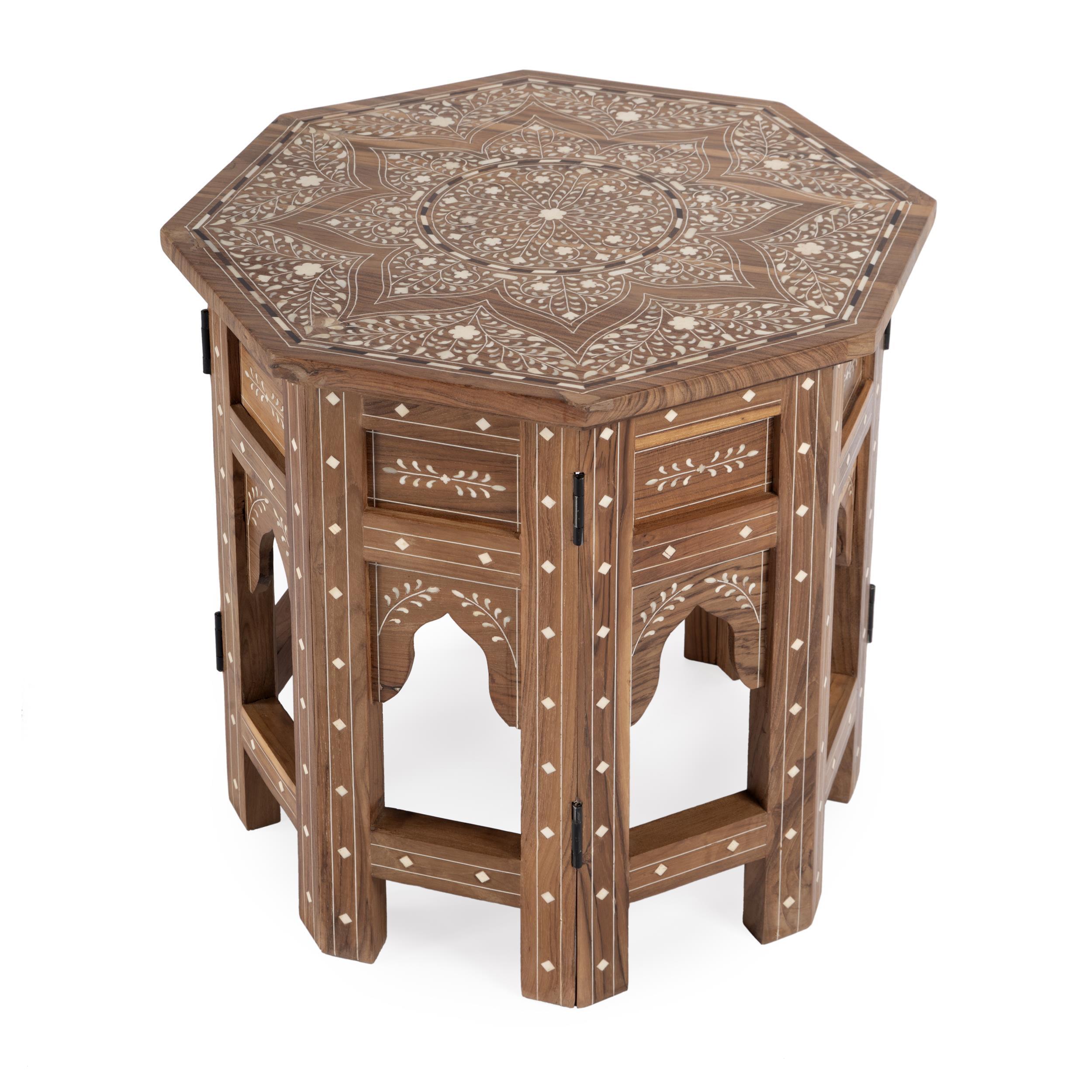 Round Medium Brown Wood and Bone Inlay Accent Table