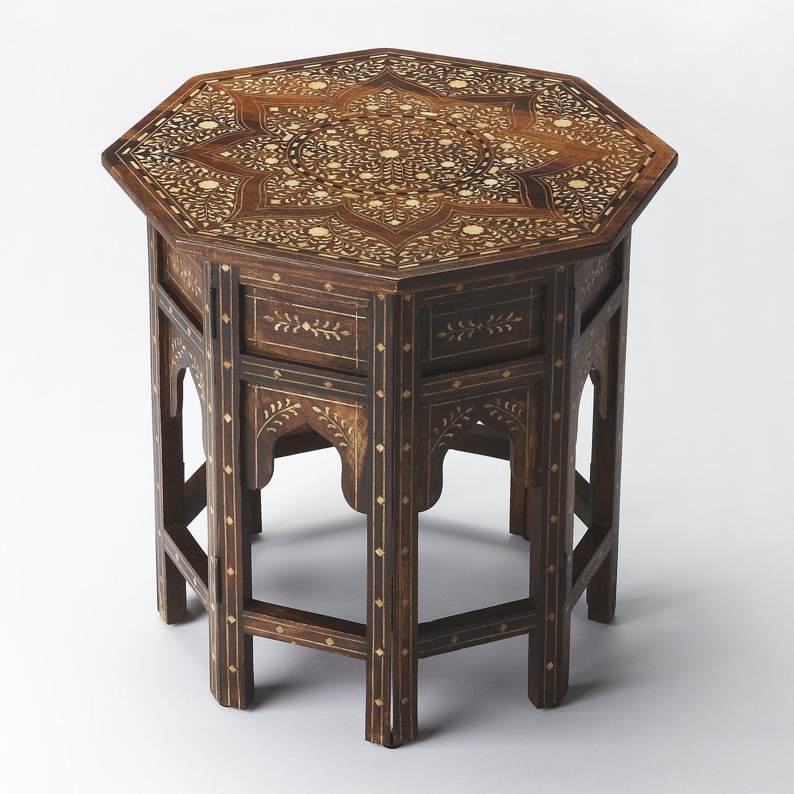 Round Medium Brown Wood and Bone Inlay Accent Table