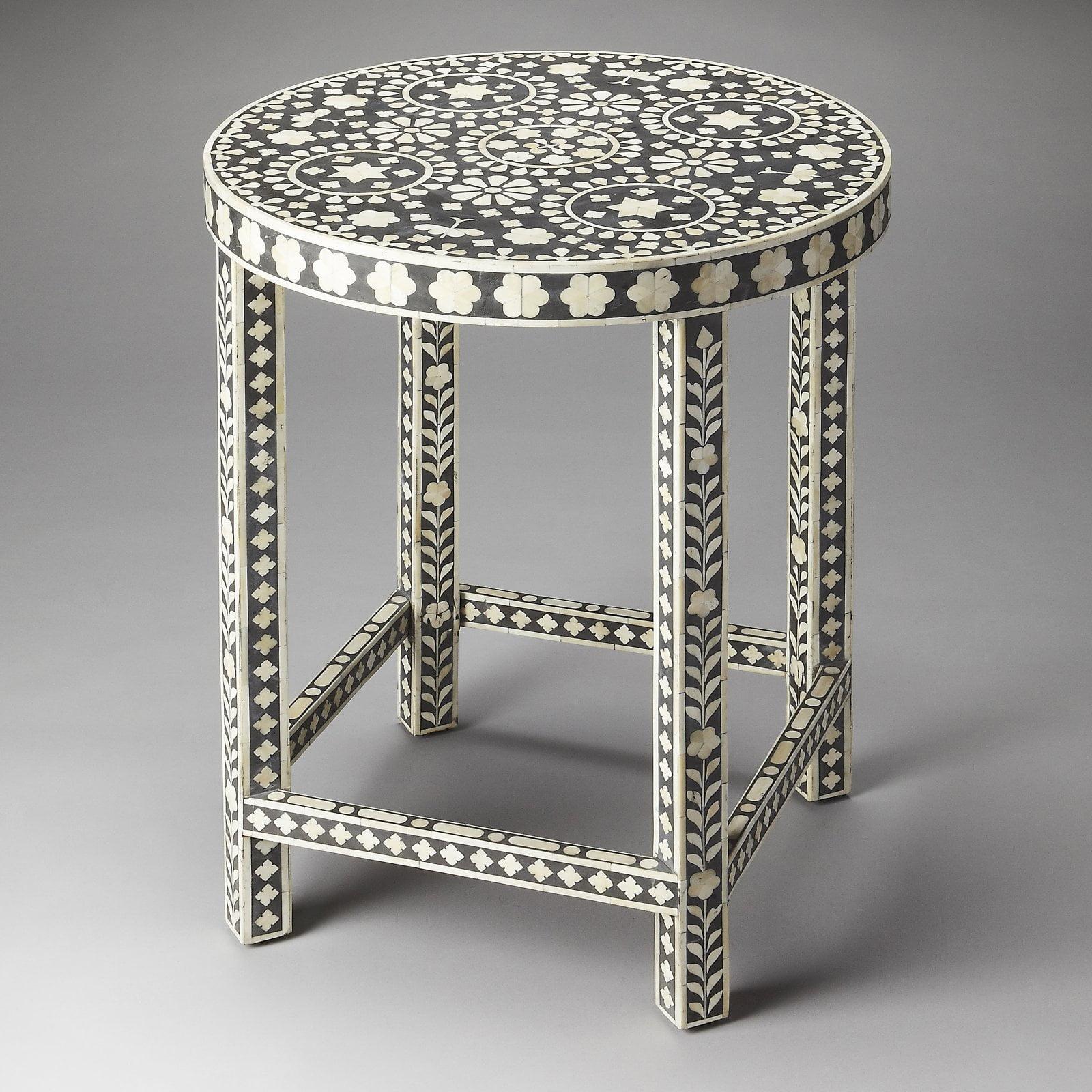 Moroccan Princess Round Black and White Bone Inlay Accent Table