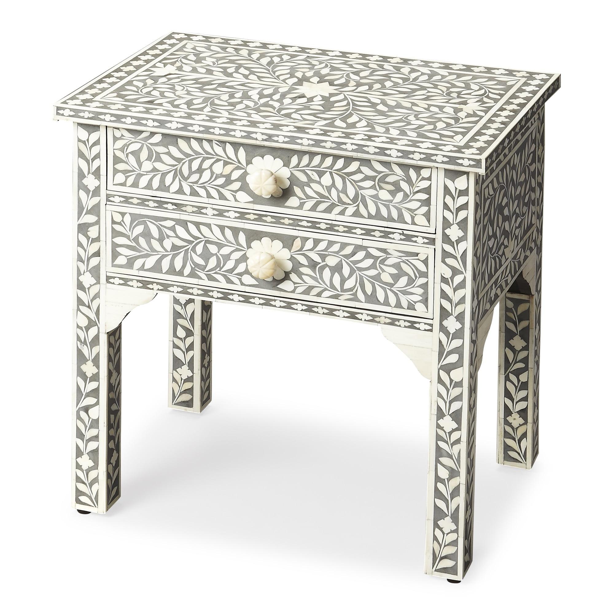 Petite Gray Bone Inlay Floral Nightstand with Storage