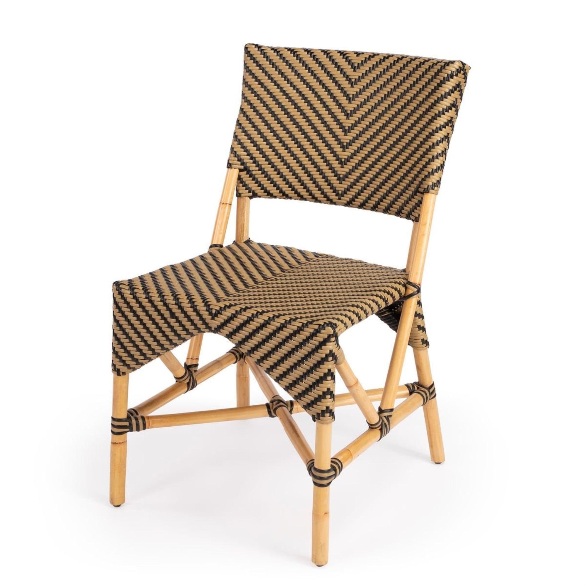 Ciel Coastal Bistro Black and Beige Striped Rattan Side Chair