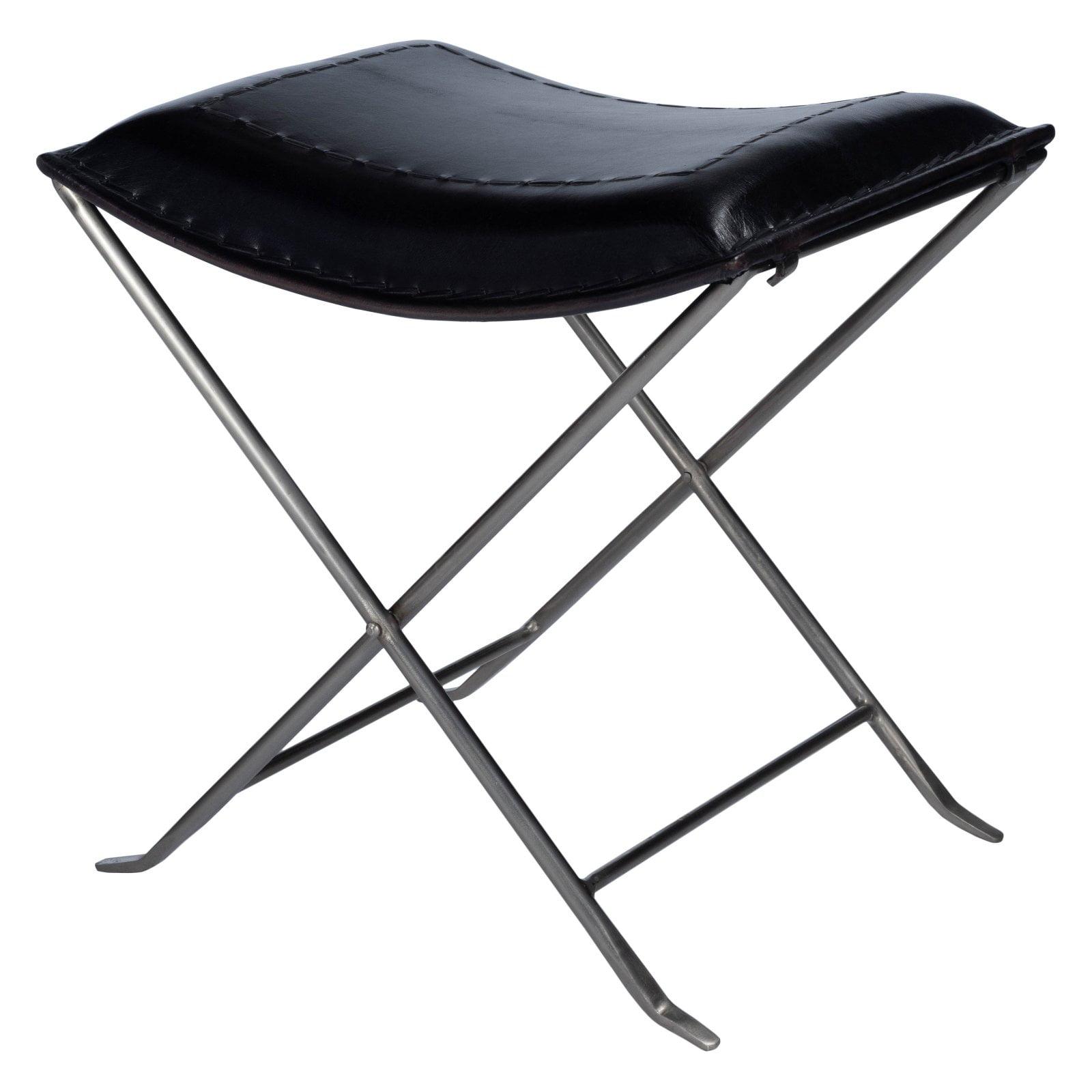 Melton Black Leather and Iron Folding Accent Stool