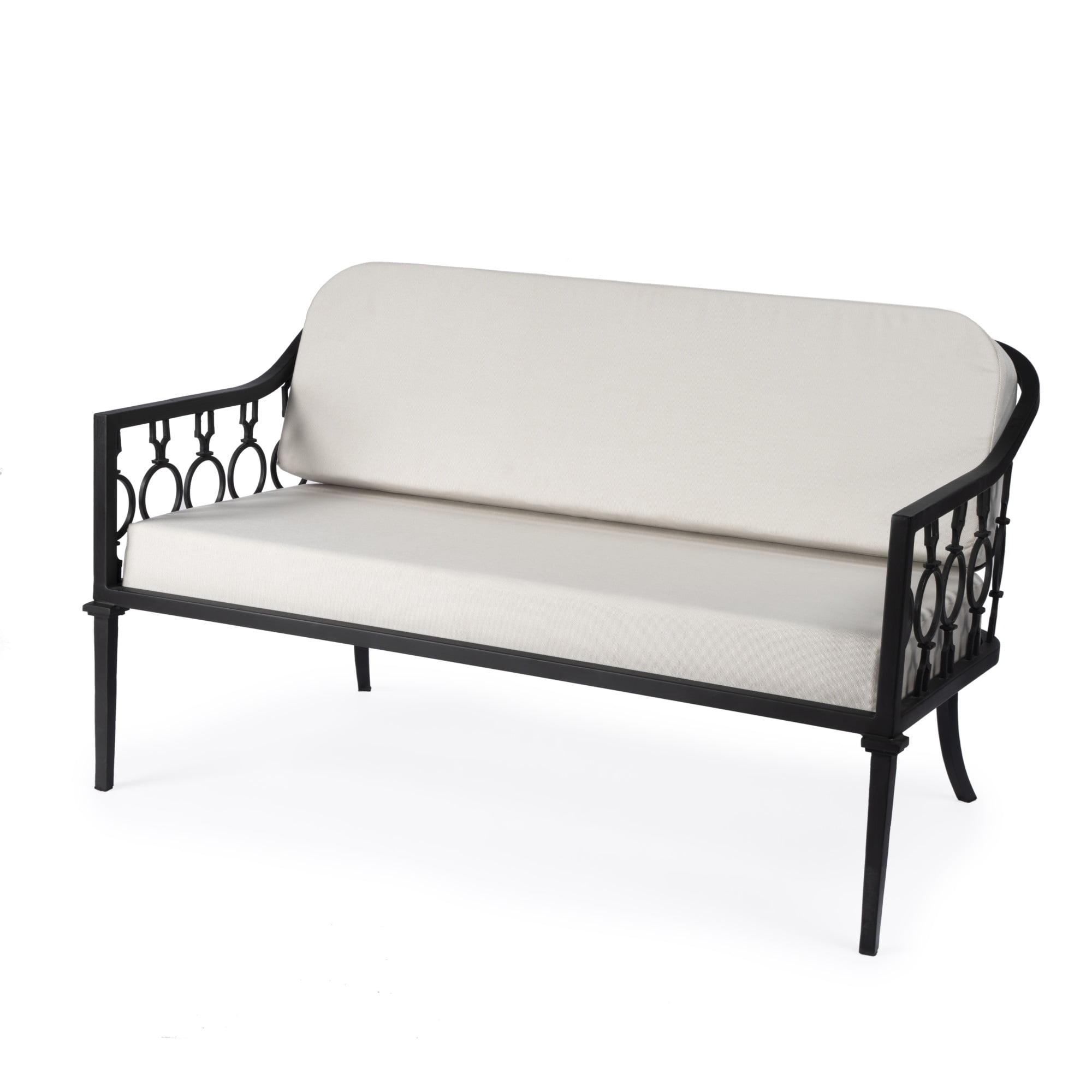 Southport White and Black Iron Upholstered Outdoor Loveseat