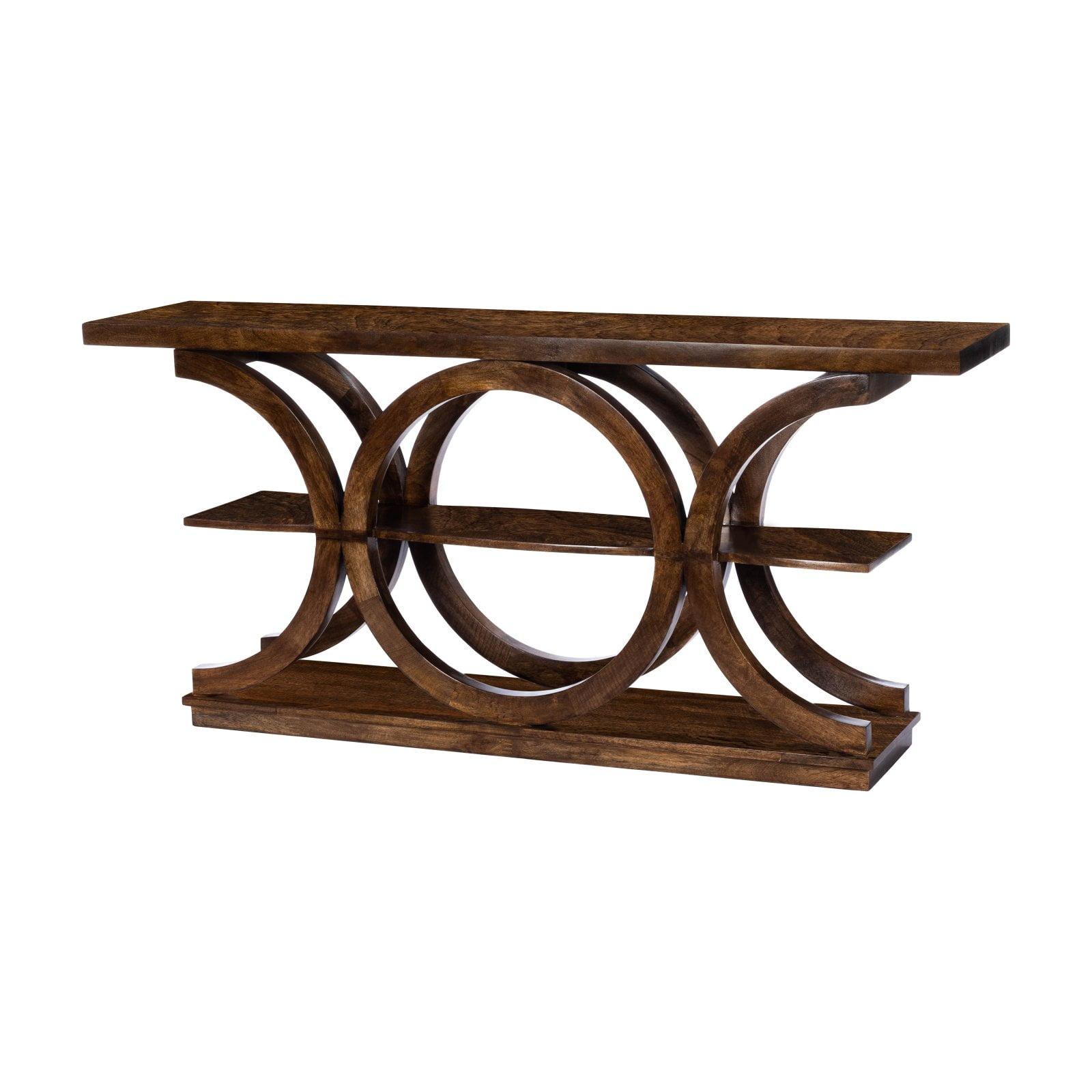 Stowe Solid Mango Wood and Glass 3-Tier Console Table in Dark Brown