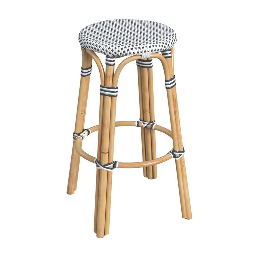 Cottage White and Navy 30" Round Rattan Coastal Bar Stool