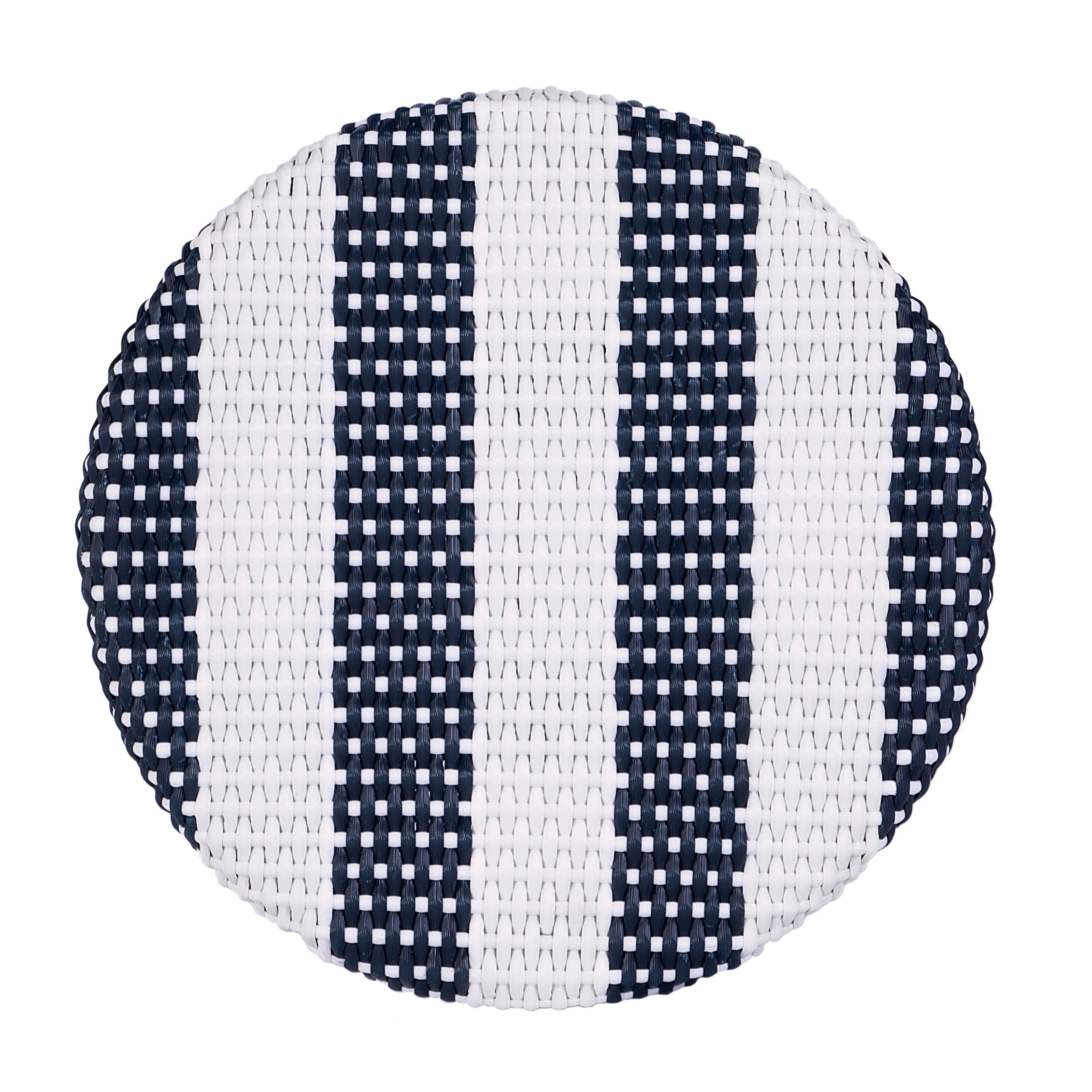 Butler Specialty Company Tobias Round Rattan 30" Bar Stool - White & Navy Stripe