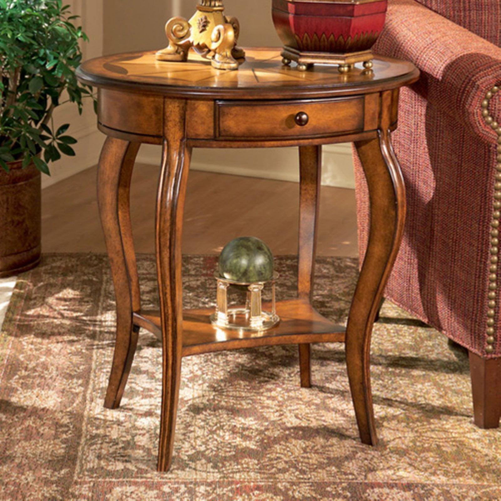 Elegant Round Beige Wood Side Table with Storage Shelf and Drawer