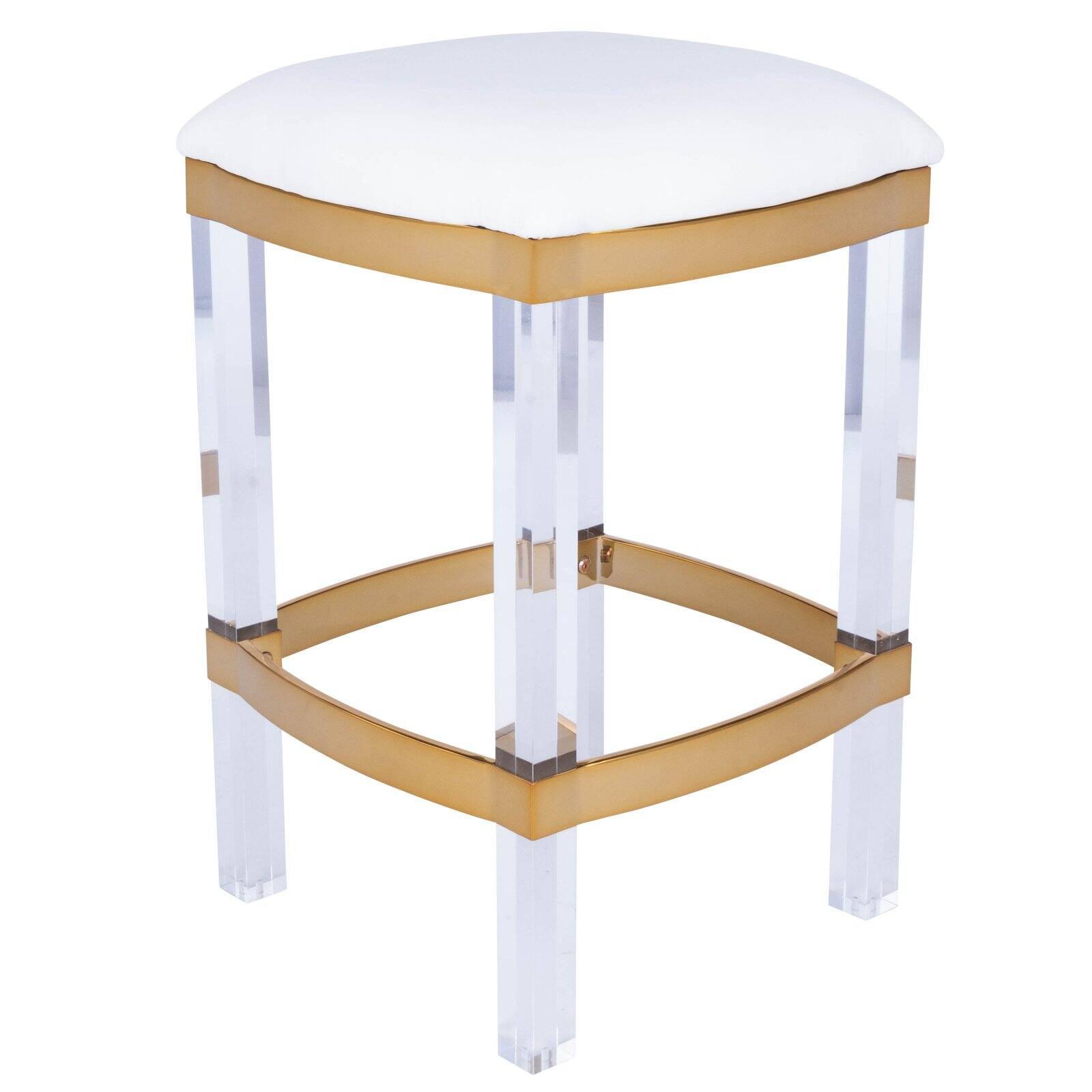 White Acrylic and Leather 24" Counter Stool with Gold Trim