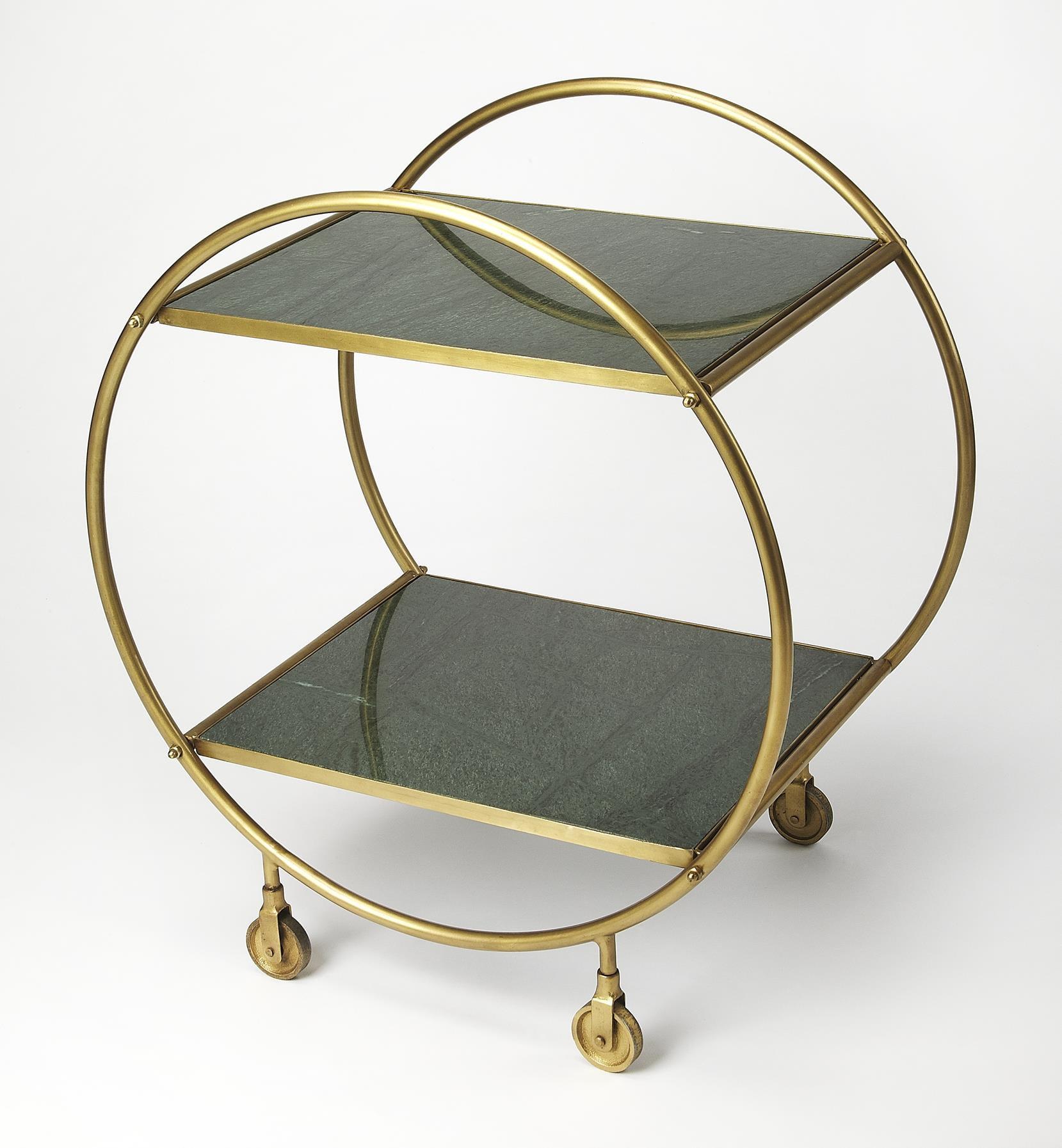 Green Marble and Gold Circular Bar Cart with Storage