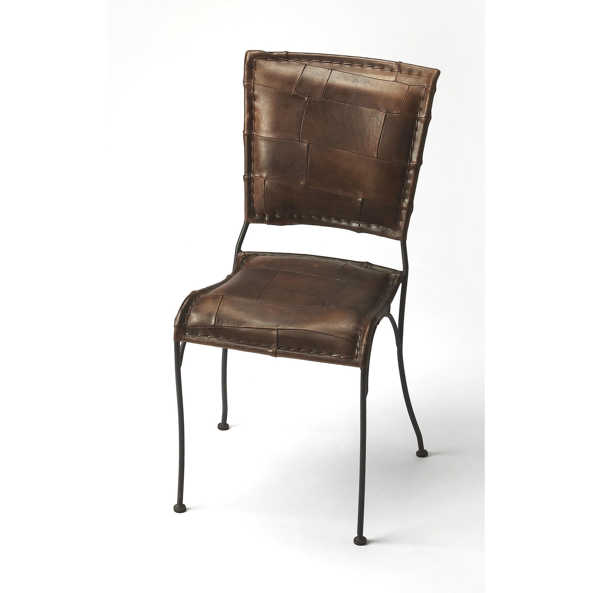 Asymmetrical Brown Leather and Iron Side Chair with Top Stitched Accents