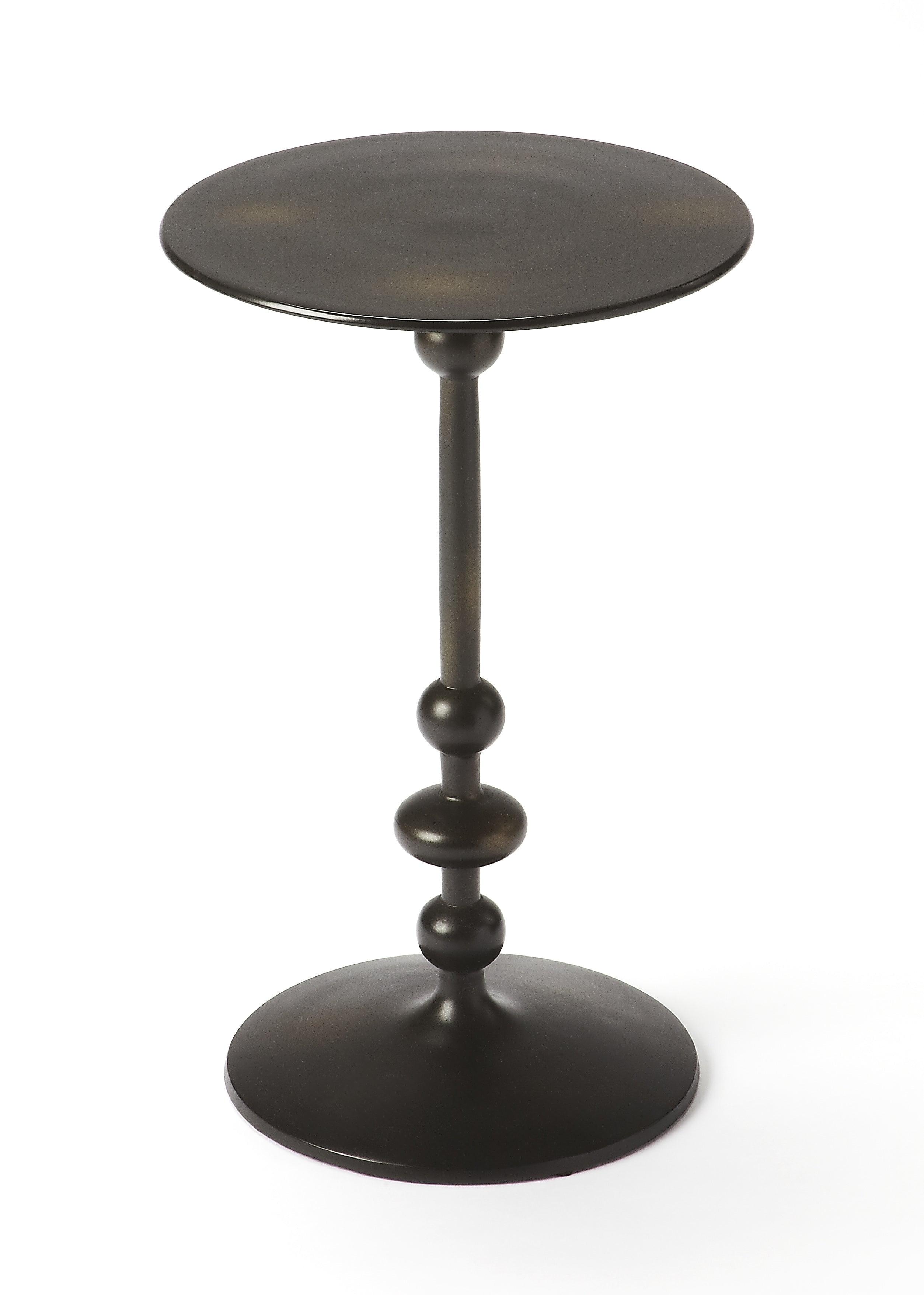 Elegant Round Black Iron and Wood Pedestal End Table