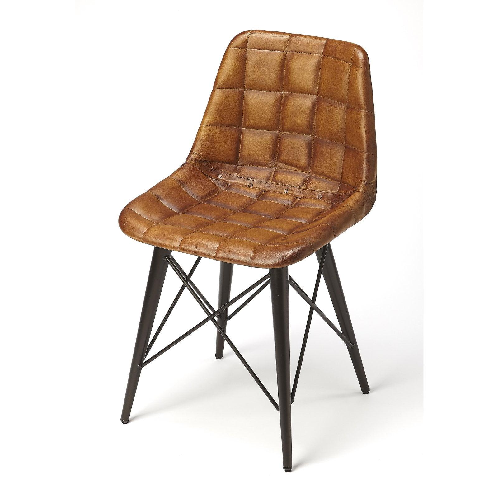 Modern Industrial Tapered Leg Leather Side Chair in Medium Brown