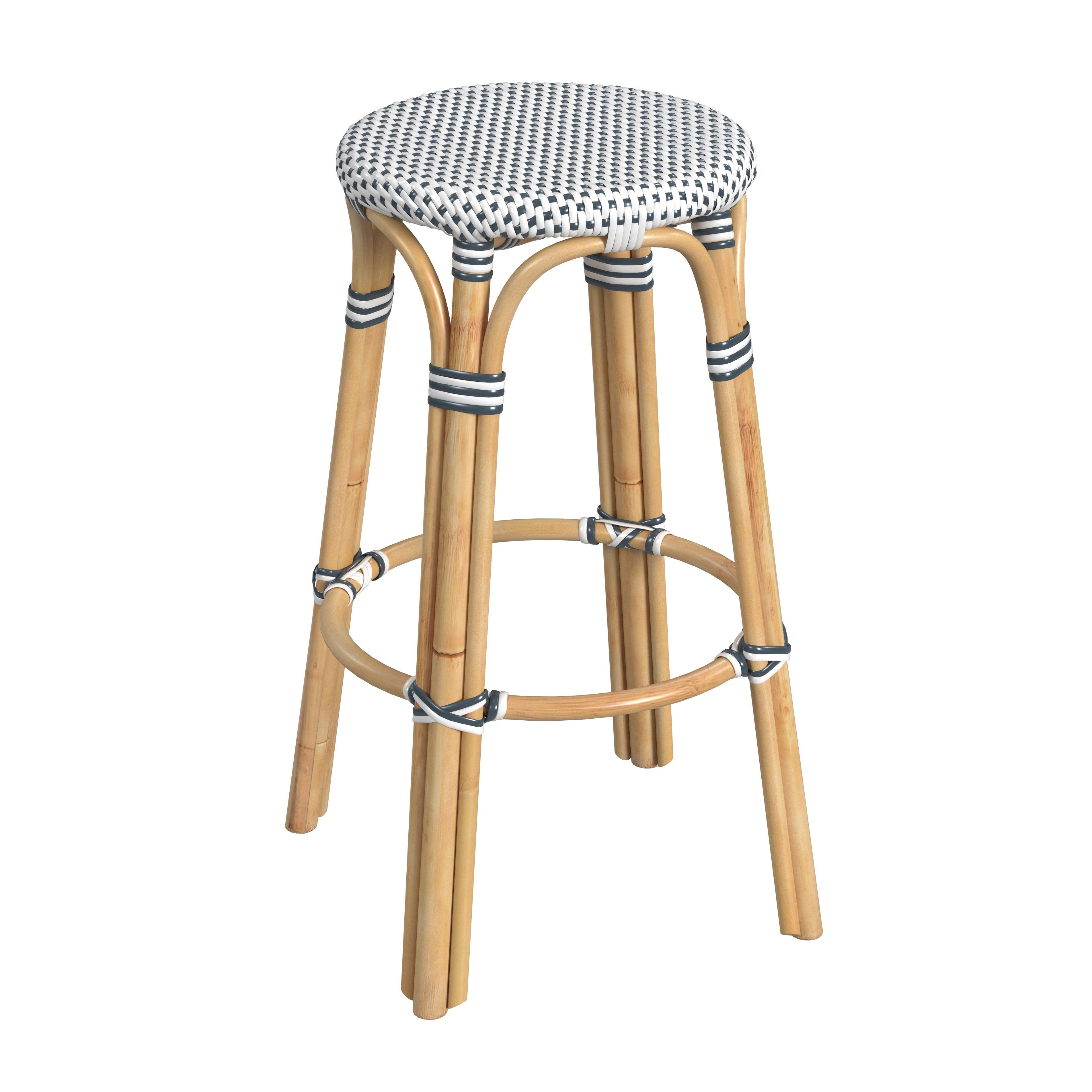 Butler Specialty Rattan Bar Stool Chair in White With Round Seat & Footrest