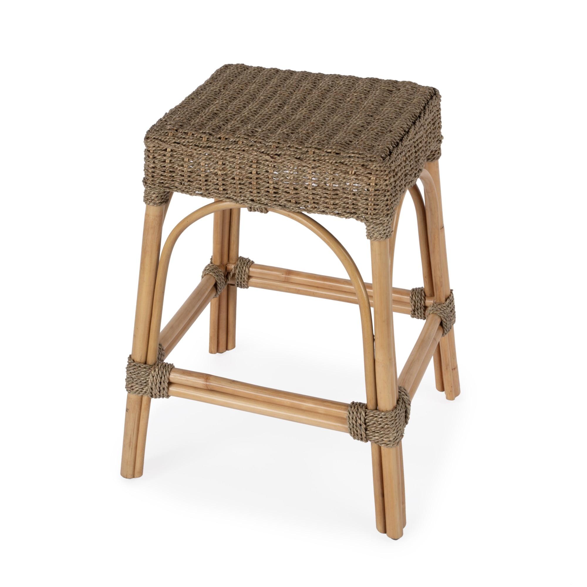 Khaki Brown Rattan and Mendong Grass Backless Counter Stool