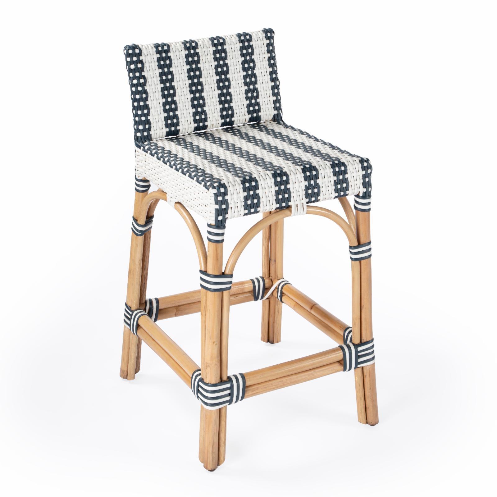 Coastal Charm Rattan and Blue Stripe Low Back Counter Stool