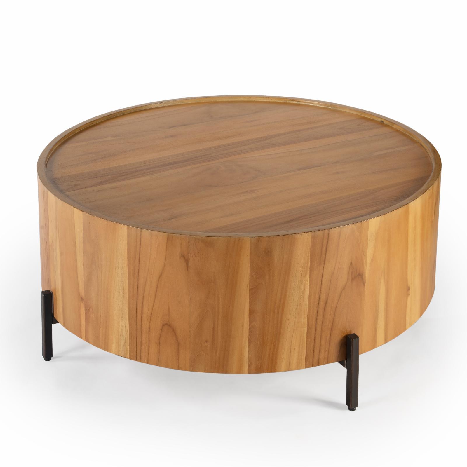 Natural Teak Round Drum Coffee Table with Metal Legs