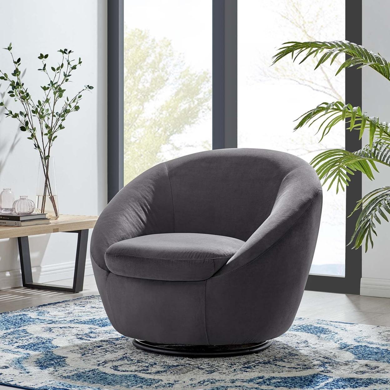 Eclipse Black Gray Velvet Swivel Accent Chair with Metal Base
