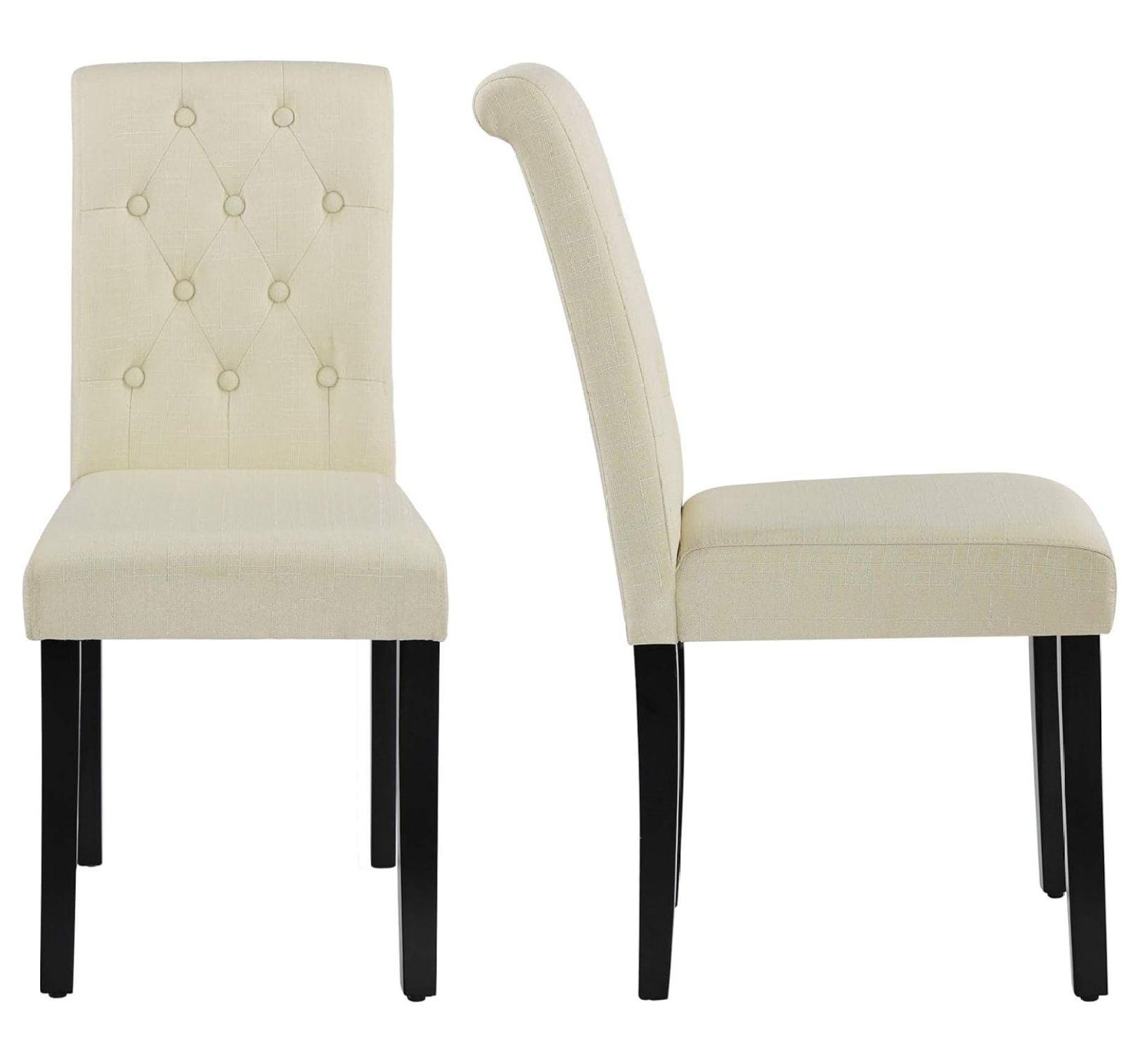 Beige Tufted Linen Upholstered Dining Chairs with Wood Legs, Set of 2