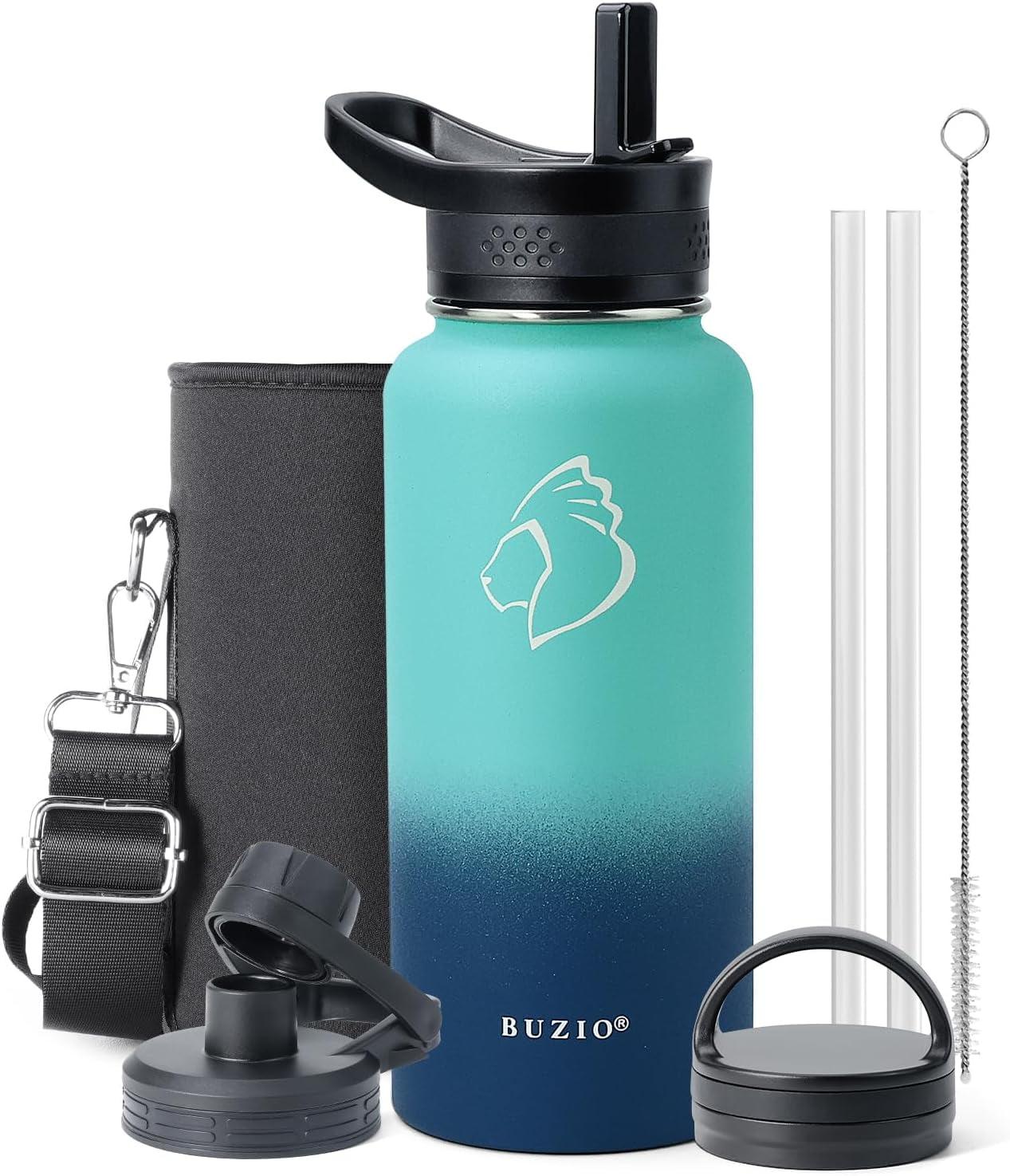Buzio 32 oz Insulated with Straw & Brush Vaccum Stainless Steel Metal 3 Lids Water Flask for Sports, Gym or Office Keep Cold 48H Hot 24H，Pacific Prince
