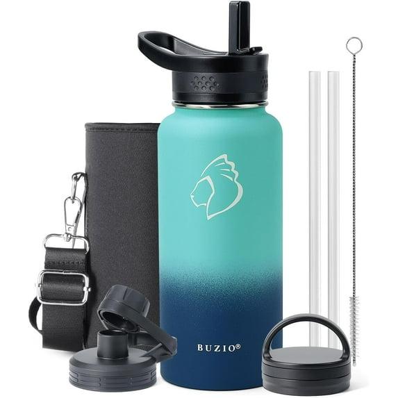 Buzio 32 oz Insulated with Straw & Brush Vaccum Stainless Steel Metal 3 Lids Water Flask for Sports, Gym or Office Keep Cold 48H Hot 24H，Pacific Prince